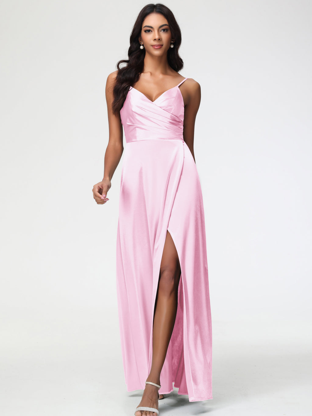 Formal Dresses Blushing Pink Spaghetti Straps Pleated Sleeveless V-Nec Formal Dresses Blushing Pink Spaghetti Straps Pleated Sleeveless V-Nec