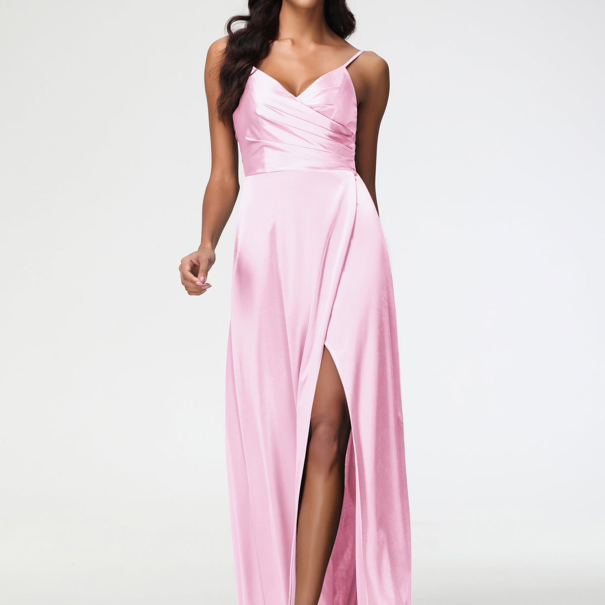 Formal Dresses Blushing Pink Spaghetti Straps Pleated Sleeveless V-Neck Long Stretch Satin Formal Dresses