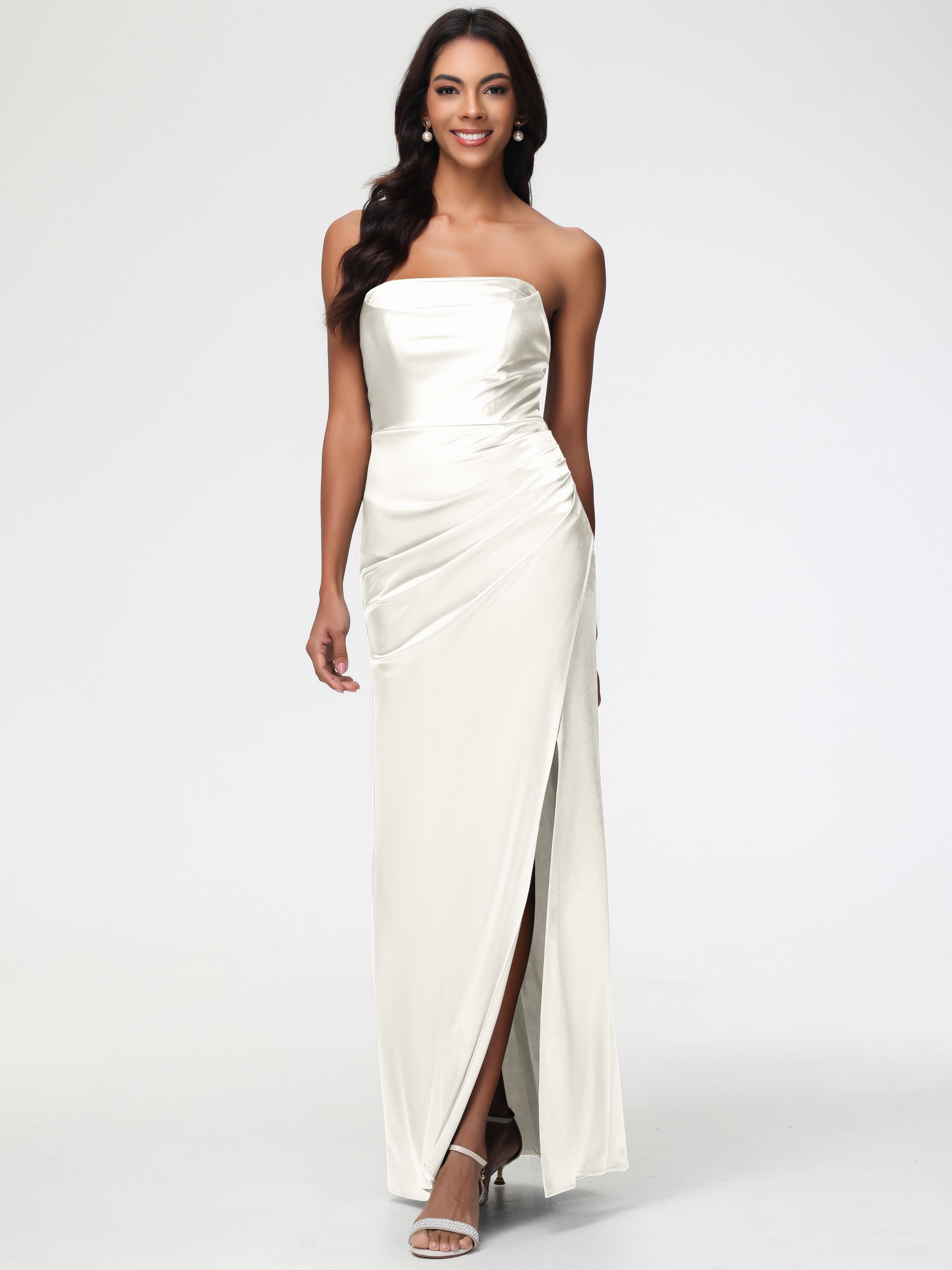 Prom Stretch R Hemi Ivory Prom Dress Strapless Sheath/Column Pleats Stretch Satin Prom Dre