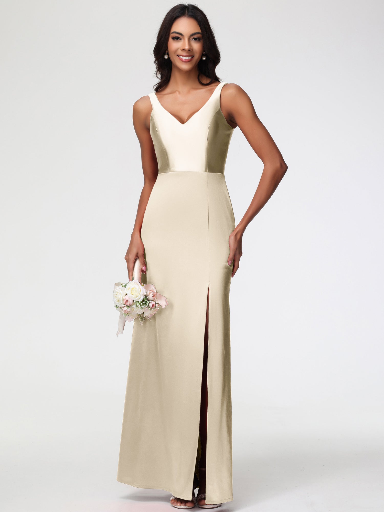Bridesmaid Dress Champagne Colour Elegant Sleeveless Sheath/Column V-N