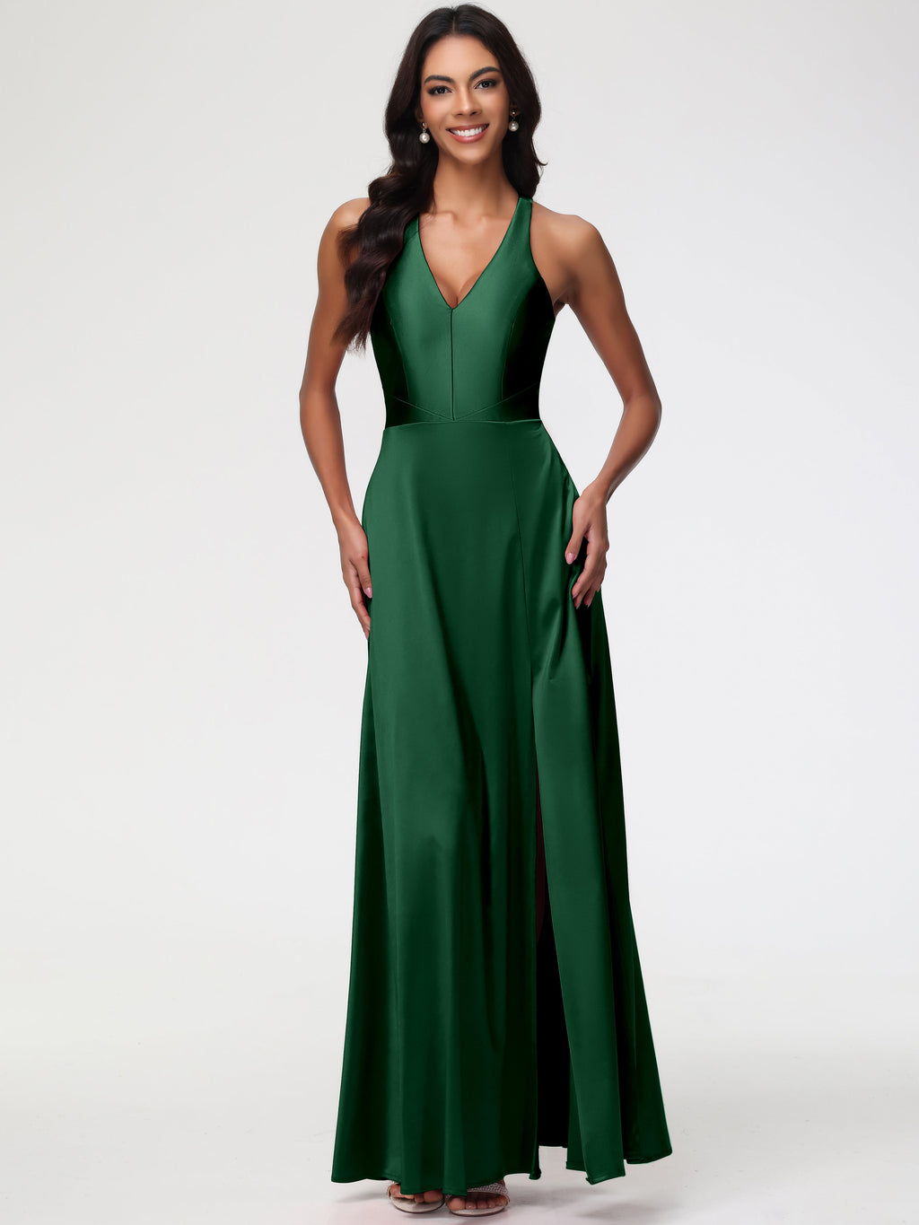 Wedding Dark Green Bridesmaid Dresses Elegant V-Neck A Line Slit Stretch Satin Long Bridesmaid Dress