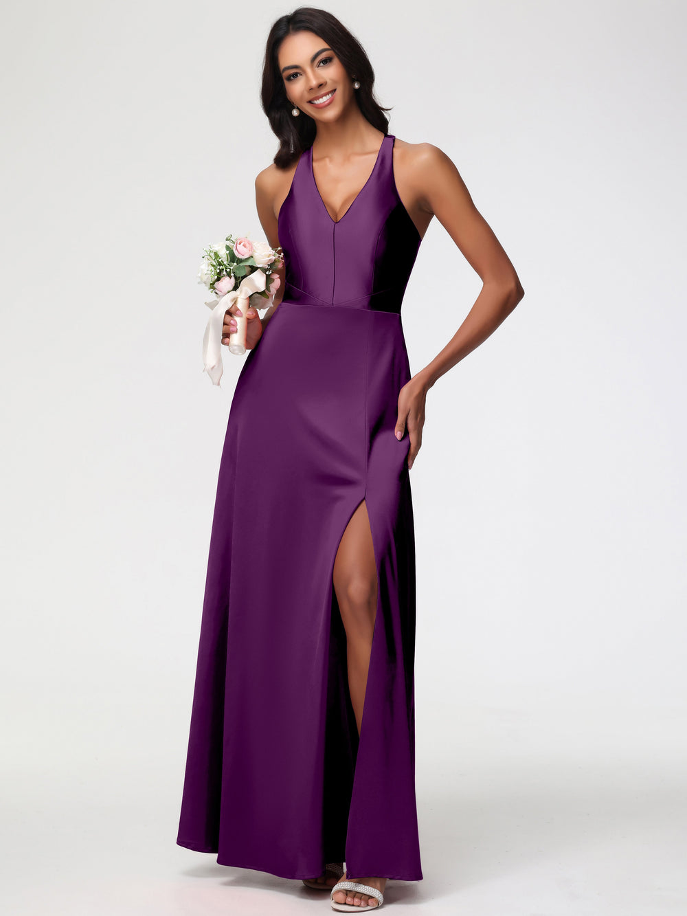 Square Neckline Long Lace Dress With Slit Grape
