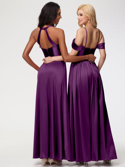 High Neck Slit Detail Long Junior Bridesmaid Dress Grape
