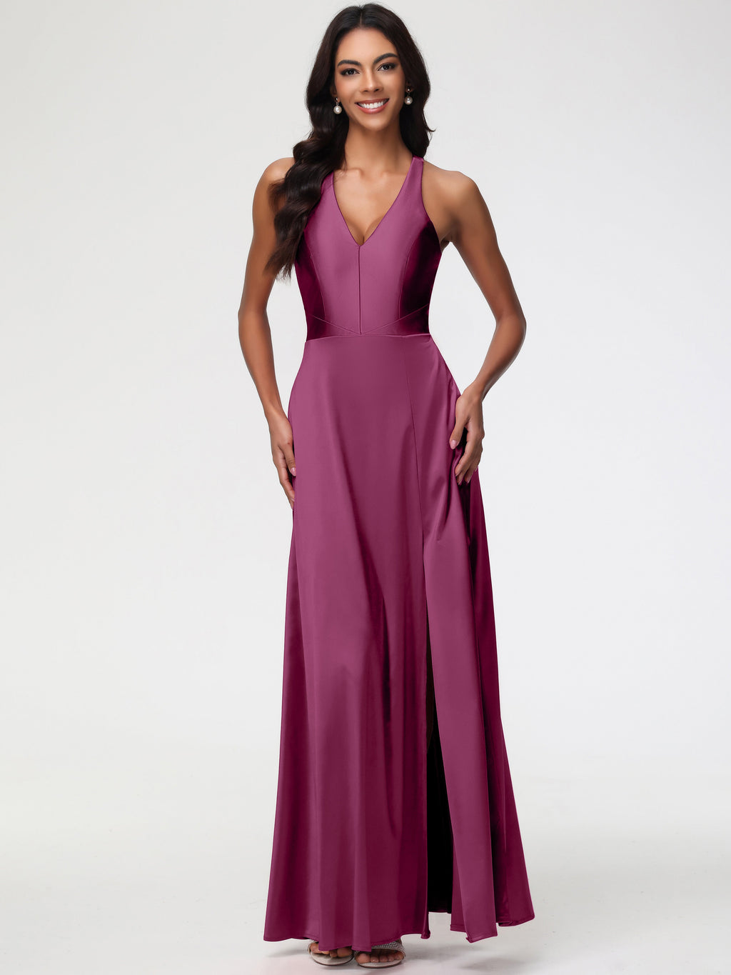 mulberry evening dress Mulberry Formal Dresses Elegant V-Neck A Line Slit Stretch Satin Long Formal Dress