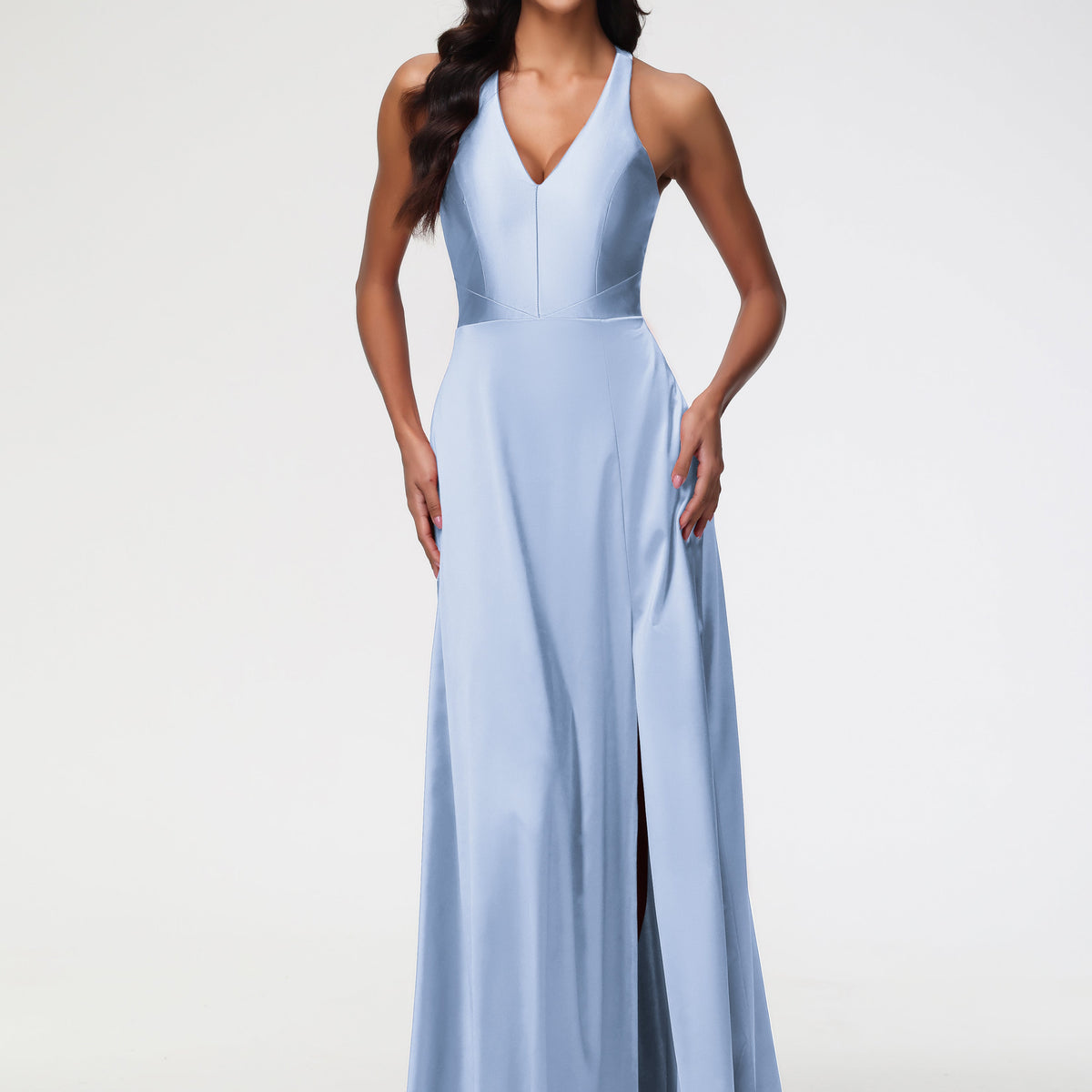 Sky Blue Dress Formal Elegant V-Neck A Line Slit Stretch Satin Long Fo