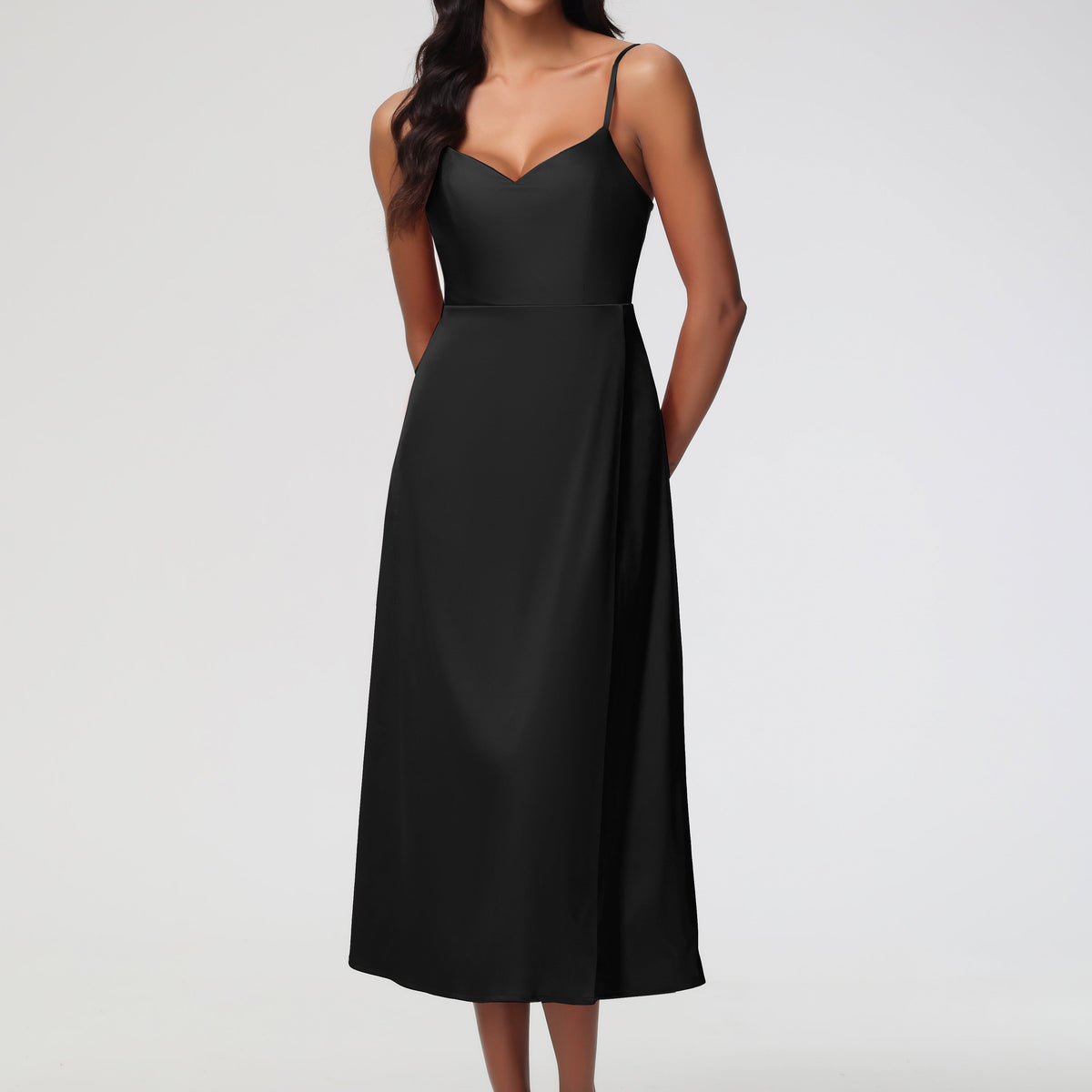 Formal Dresses Black Women Spaghetti Straps Tea Length Back Zip Stretc