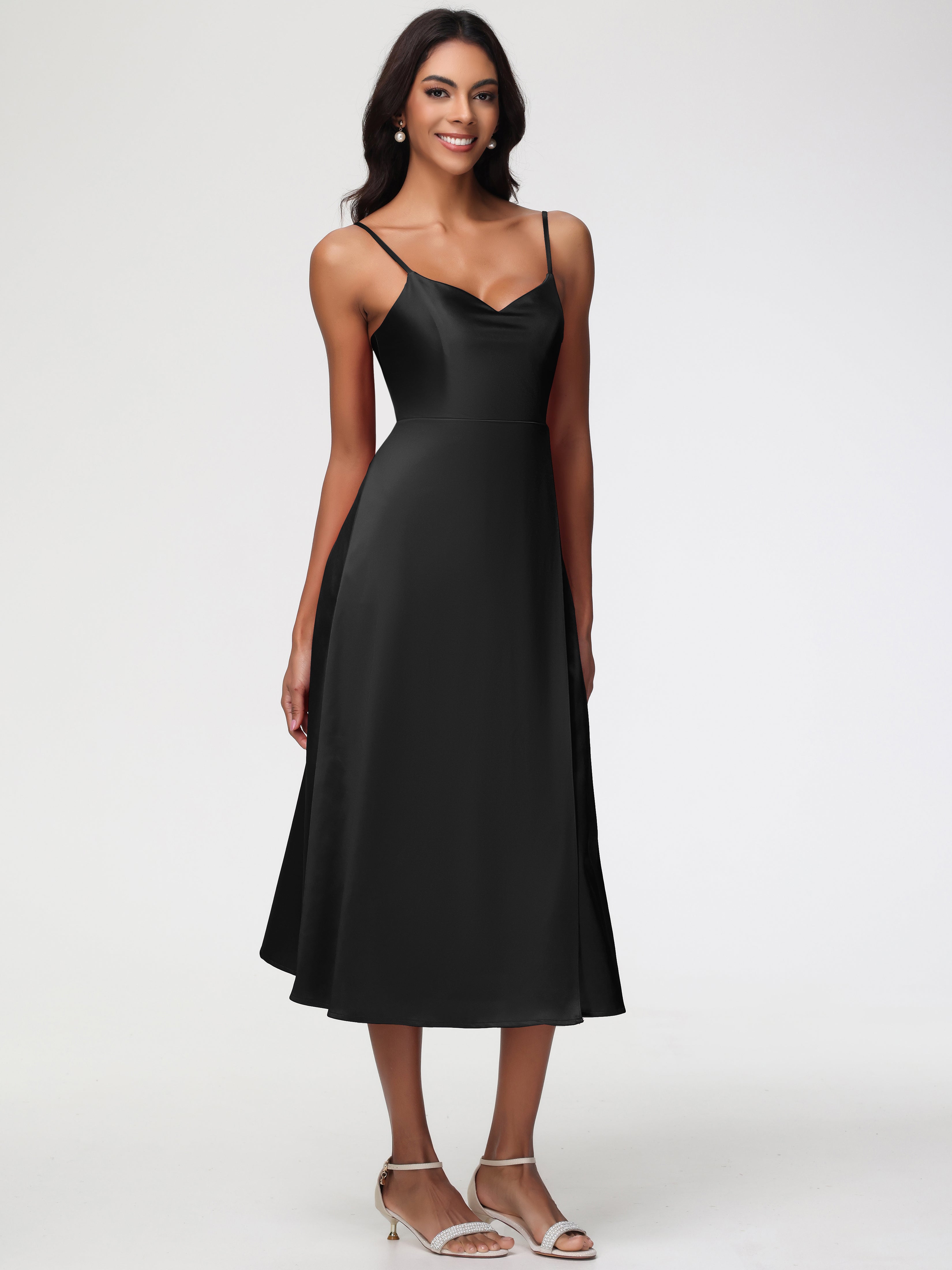 Spaghetti Straps Tea Length Back Zip Stretch Satin Bridesmaid Dress