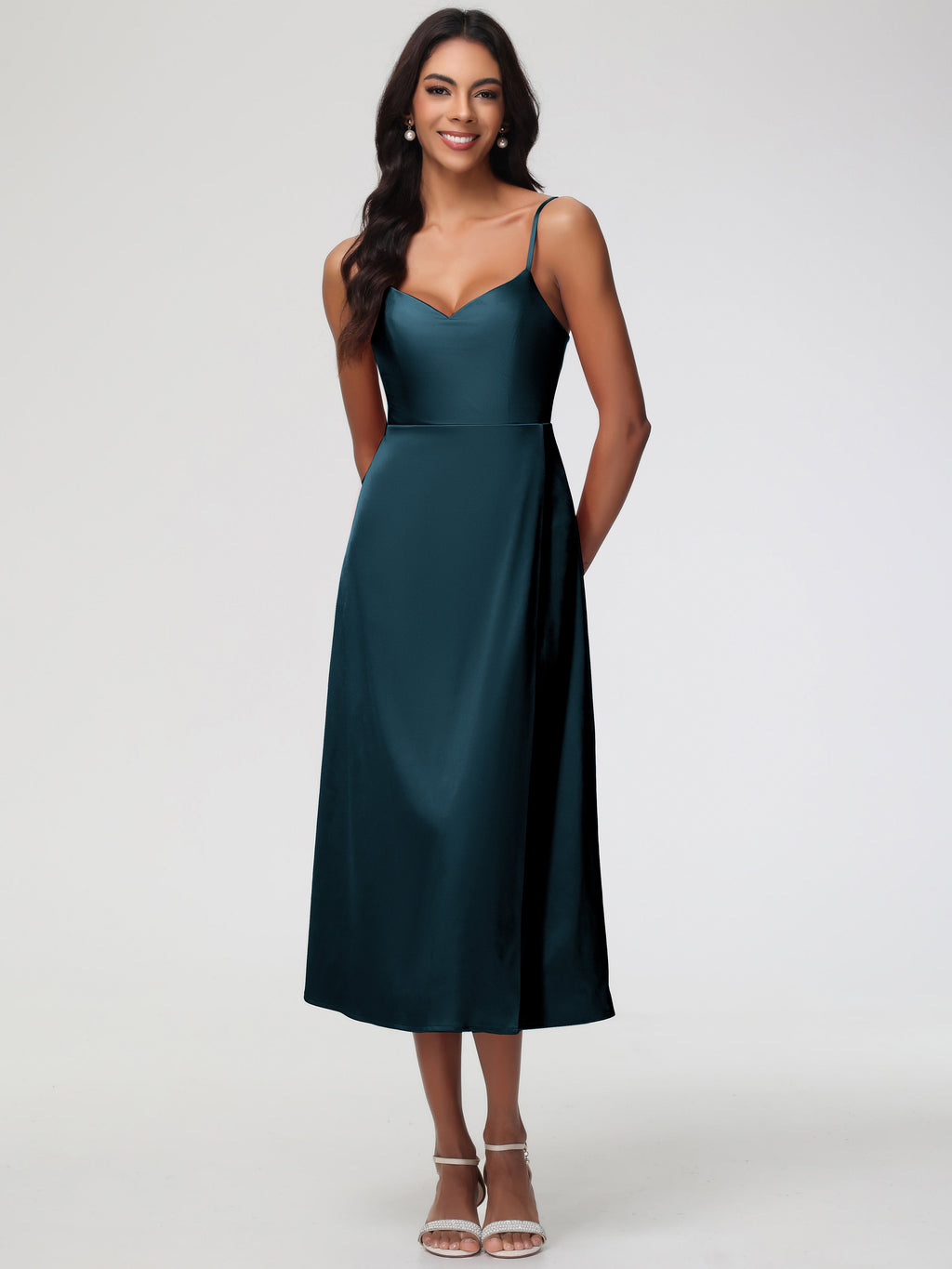 Formal Dresses Peacock Spaghetti Straps Tea Length Back Zip Stretch Sa