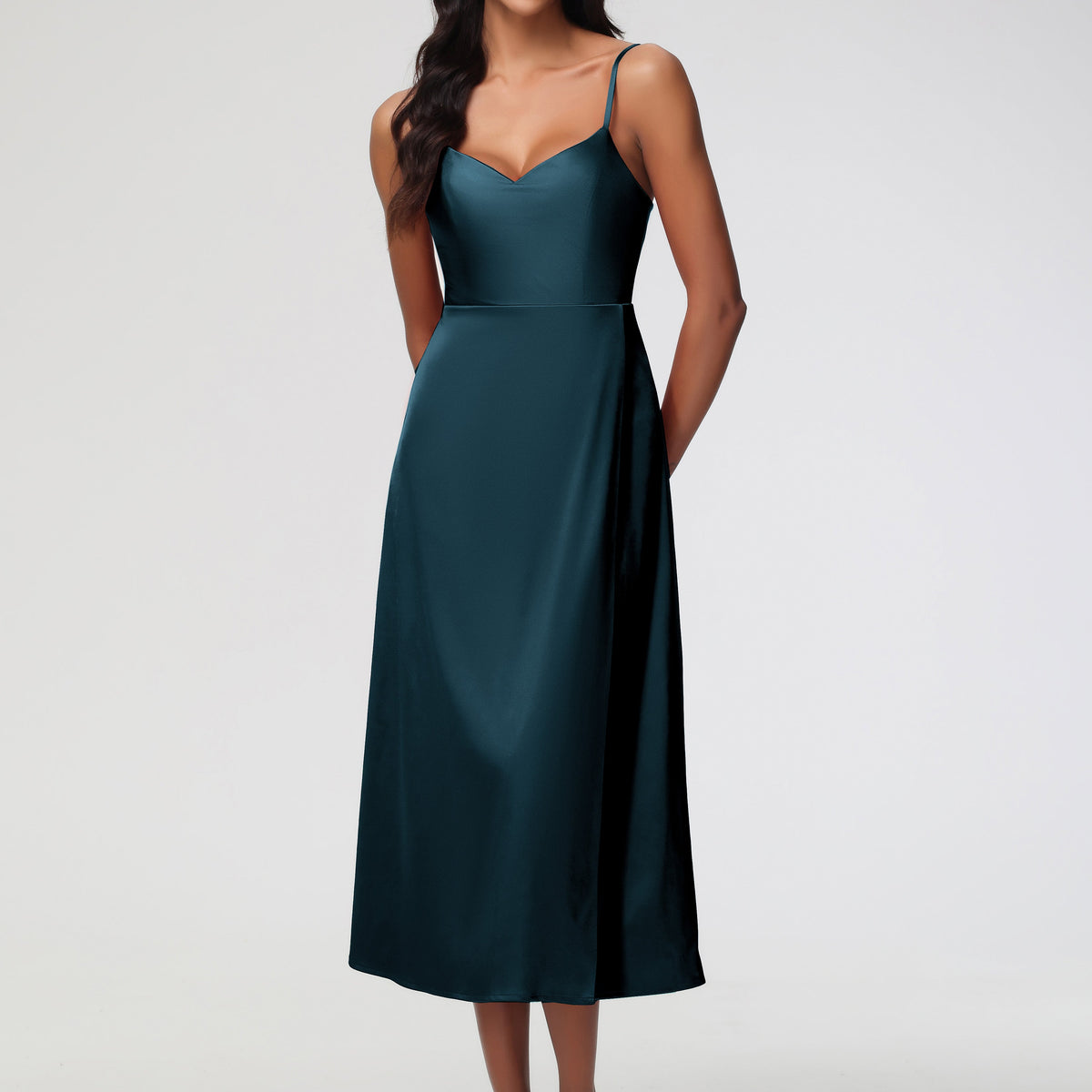 Formal Dresses Peacock Spaghetti Straps Tea Length Back Zip Stretch Satin Formal Dress