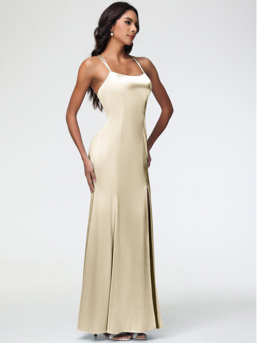 Bridesmaid Champagne Dresses Mermaid Slit Floor Length Sleeveless Spag