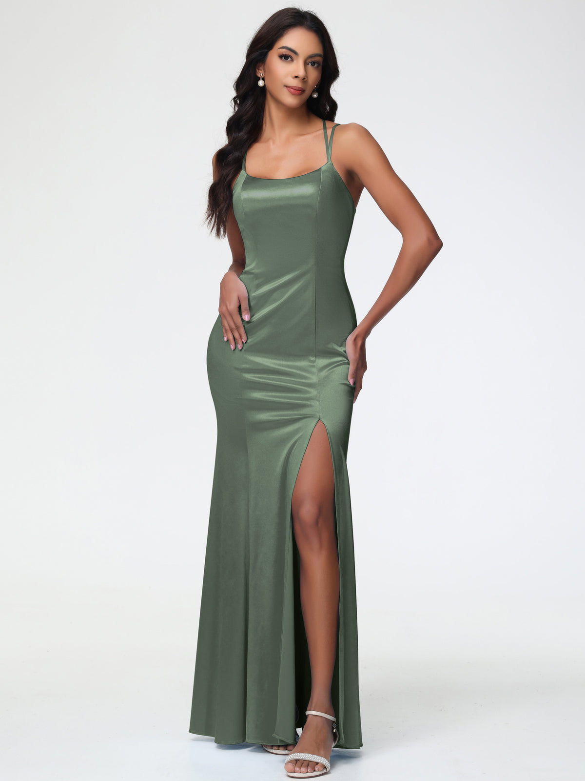 Formal Dresses Olive Green Mermaid Slit Floor Length Sleeveless Spaghe
