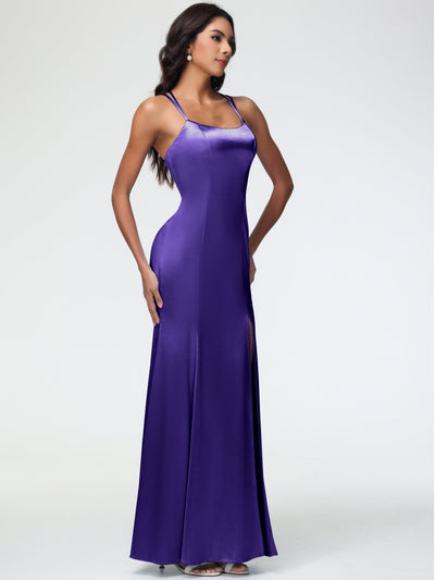 Regency Purple Bridesmaid Dresses Mermaid Slit Floor Length Sleeveless Spaghetti Straps Bridesmaid Dress