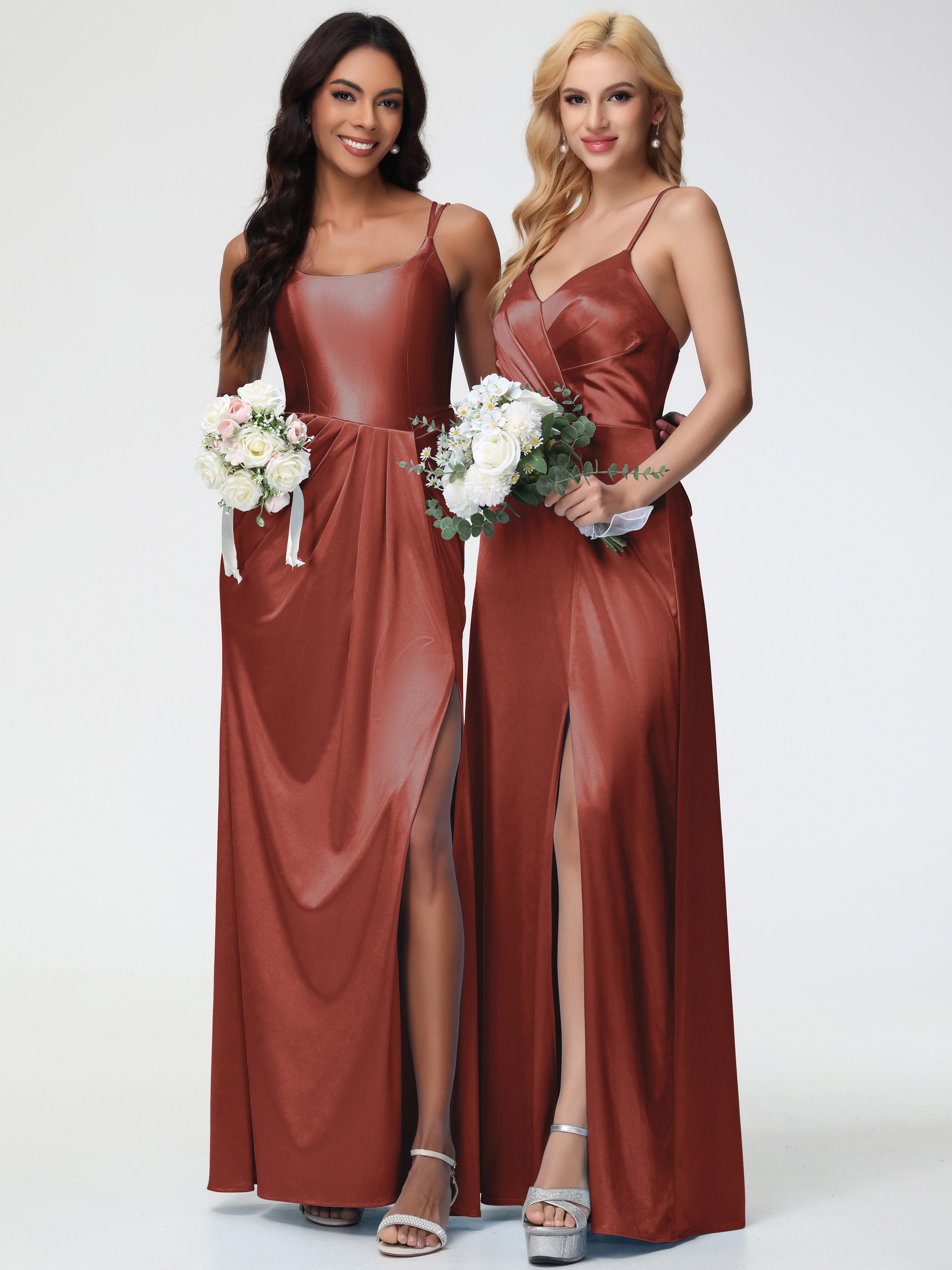 Rust Color Formal Dresses Chic Stretch Satin Sheath/Column Spaghetti Straps  Formal Dress With Slit