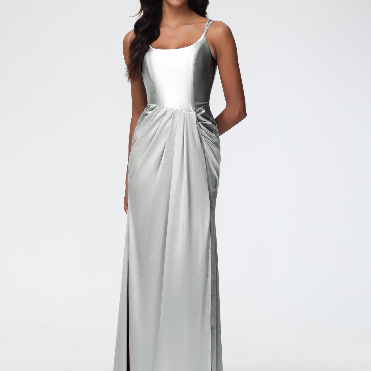 Grey Silver Formal Dresses Chic Stretch Satin Sheath/Column Spaghetti Straps Formal Dress With Slit