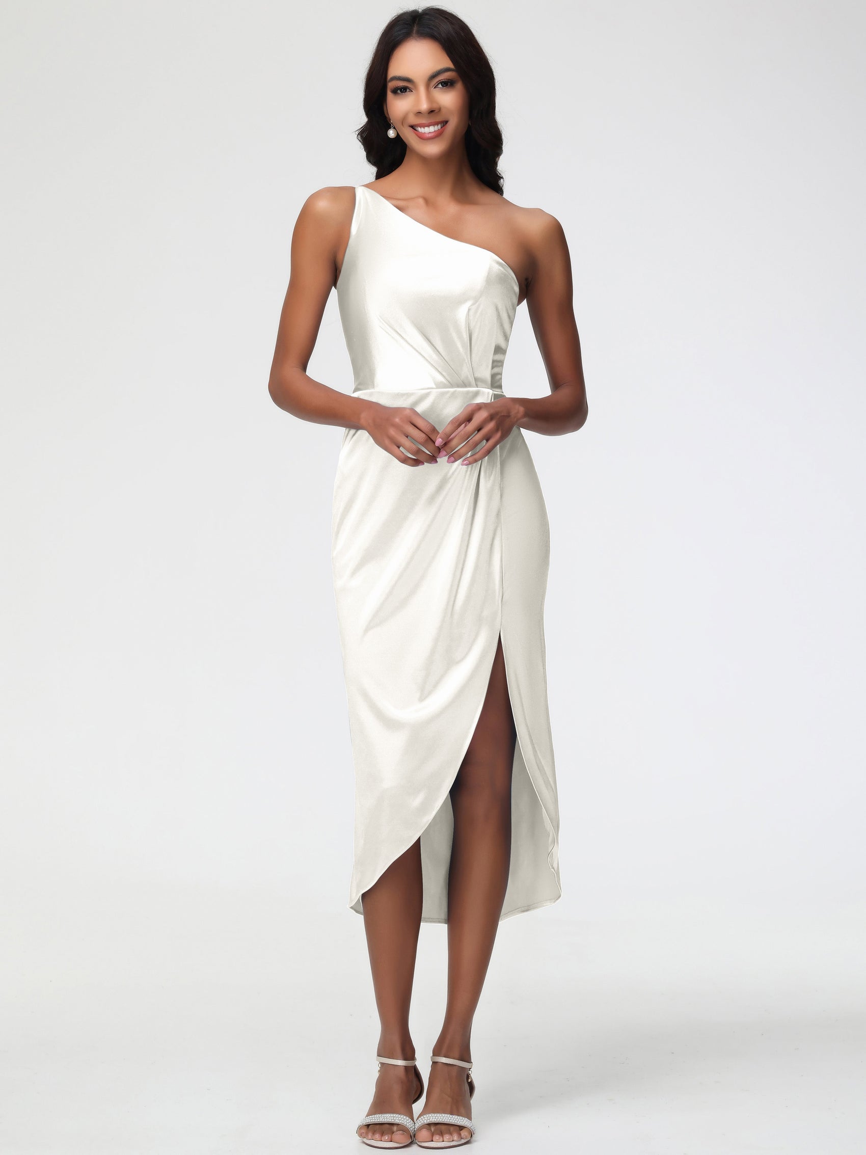 Ivory Bridesmaid Dresses Sleeveless Tea Length One Shoulder Sheath/Col