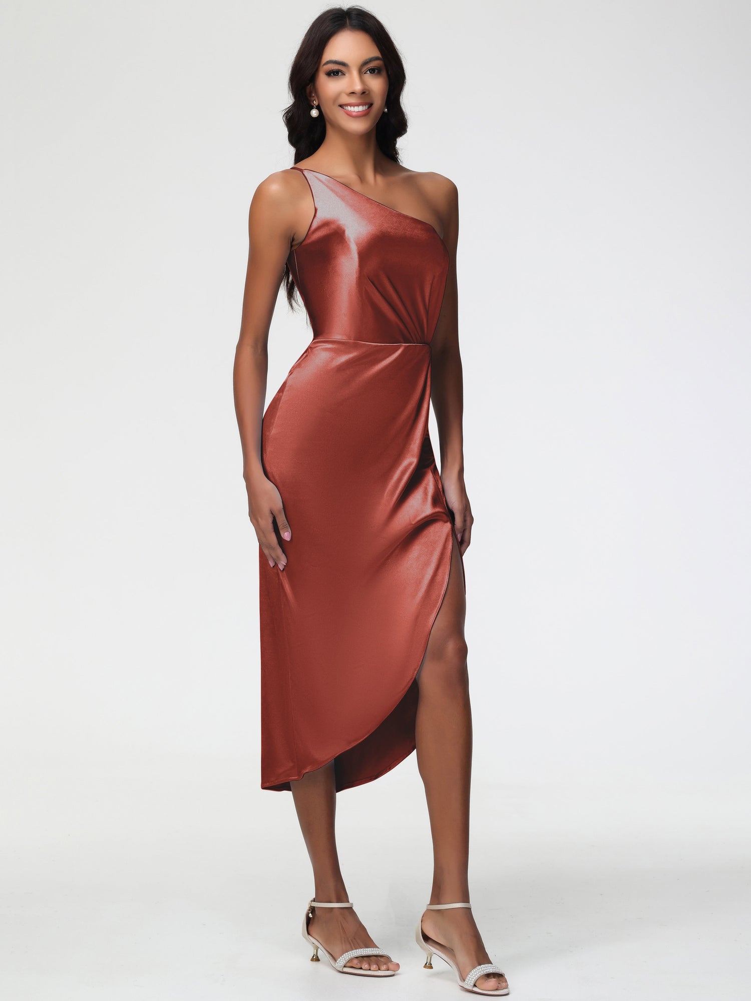 Bridesmaid Dress Rust Color Sleeveless Tea Length One Shoulder Sheath/