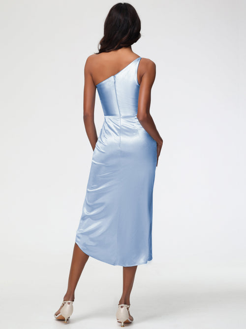 One Shoulder Red Formal Dress Sleeveless Tea Length One Shoulder Sheath/Column Stretch Satin Formal Dress