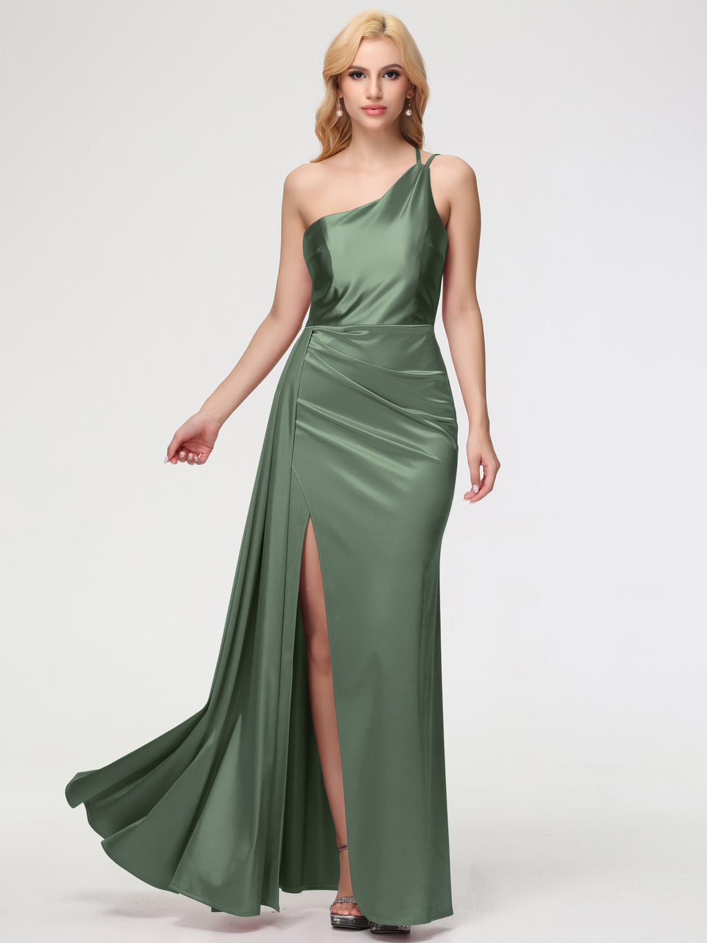 slim fit dress slacks Formal Dresses Olive Green Satin One Shoulder Trumpet/Mermaid Straps Pleats Stretch Satin Formal Dresses