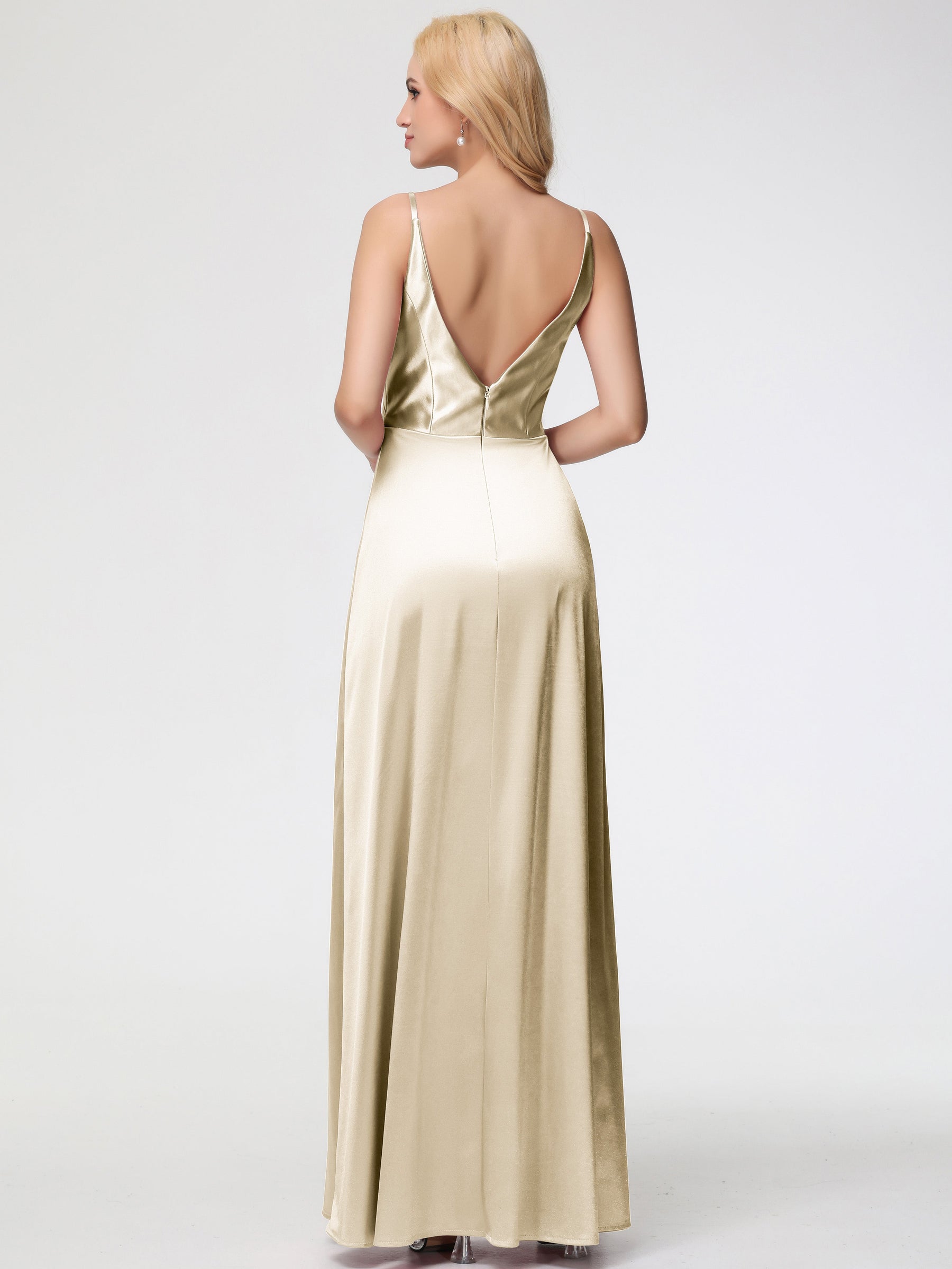 Formal Dress Olive Green Spaghetti Straps A-Line V-Neck Pleats Stretch Satin Formal Dresses