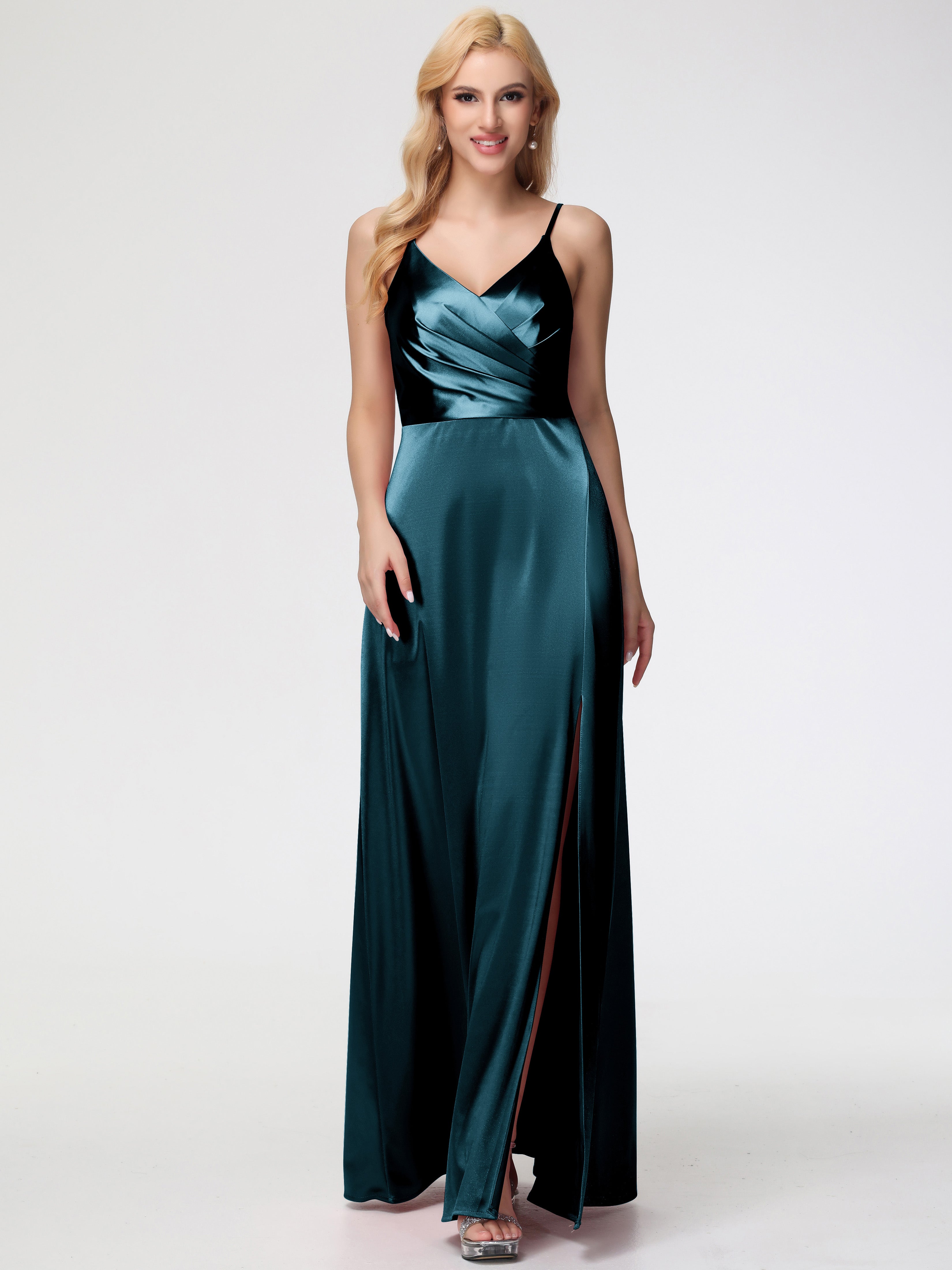 Prom Stretch R Hemi Prom Peacock Spaghetti Straps A-Line V-Neck Pleats Stretch Satin Prom