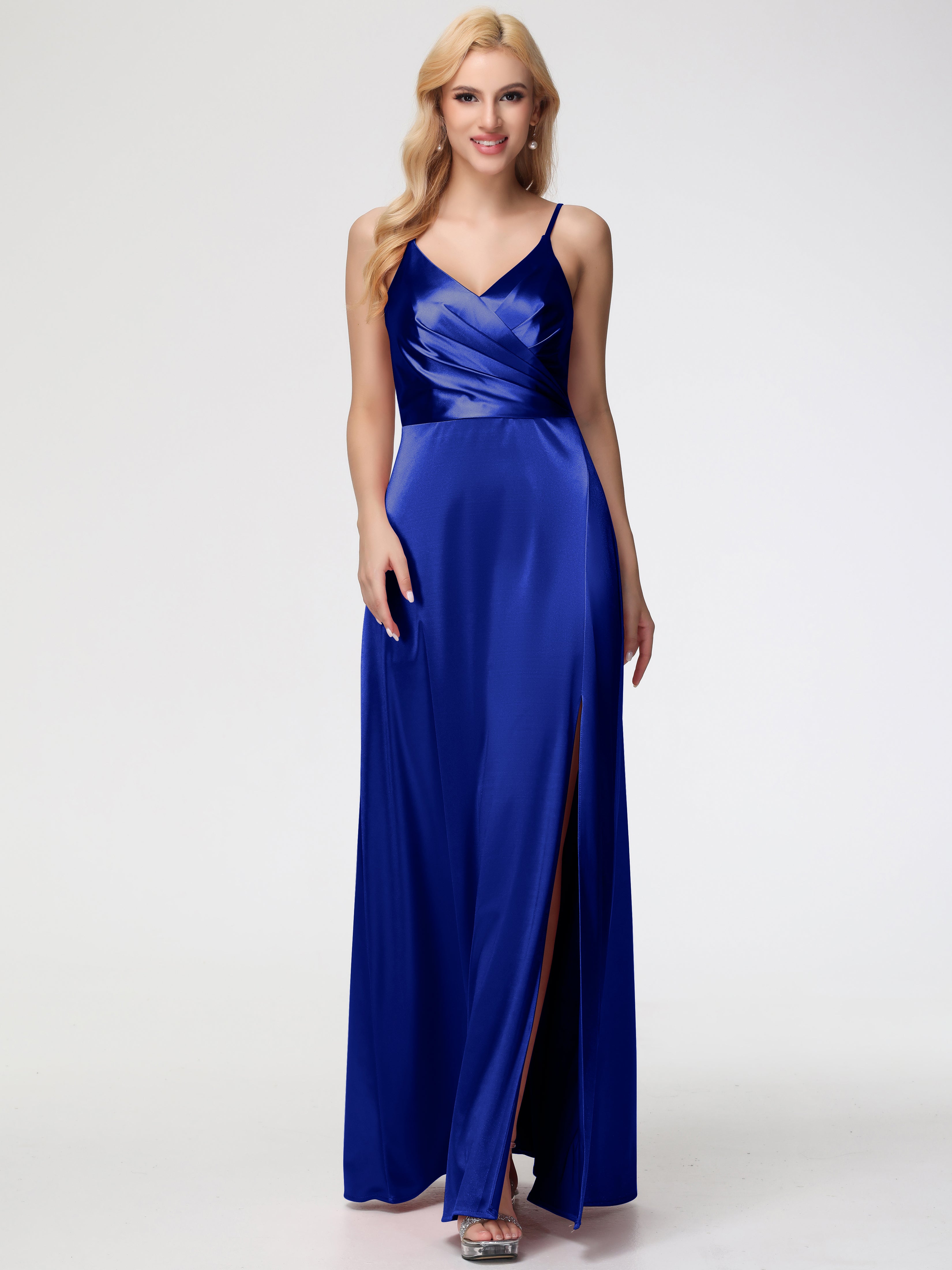 Royal Blue Wedding Bridesmaid Dresses Spaghetti Straps A-Line V-Neck Pleats Stretch Satin Bridesmaid Dresses