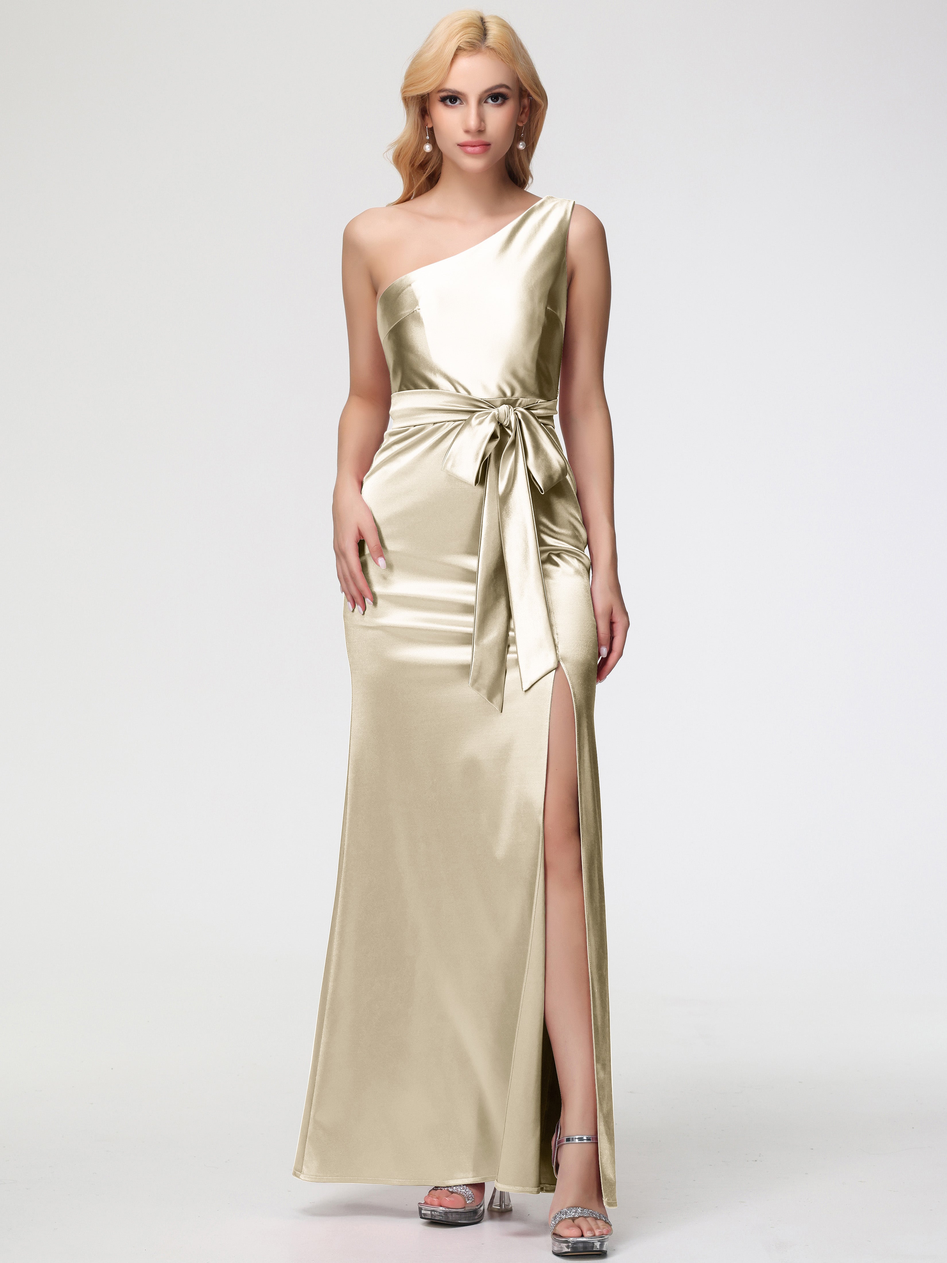 Prom Dresses Champagne One Shoulder Trumpet/Mermaid Sleeveless Pleats Stretch Satin Prom Dresses