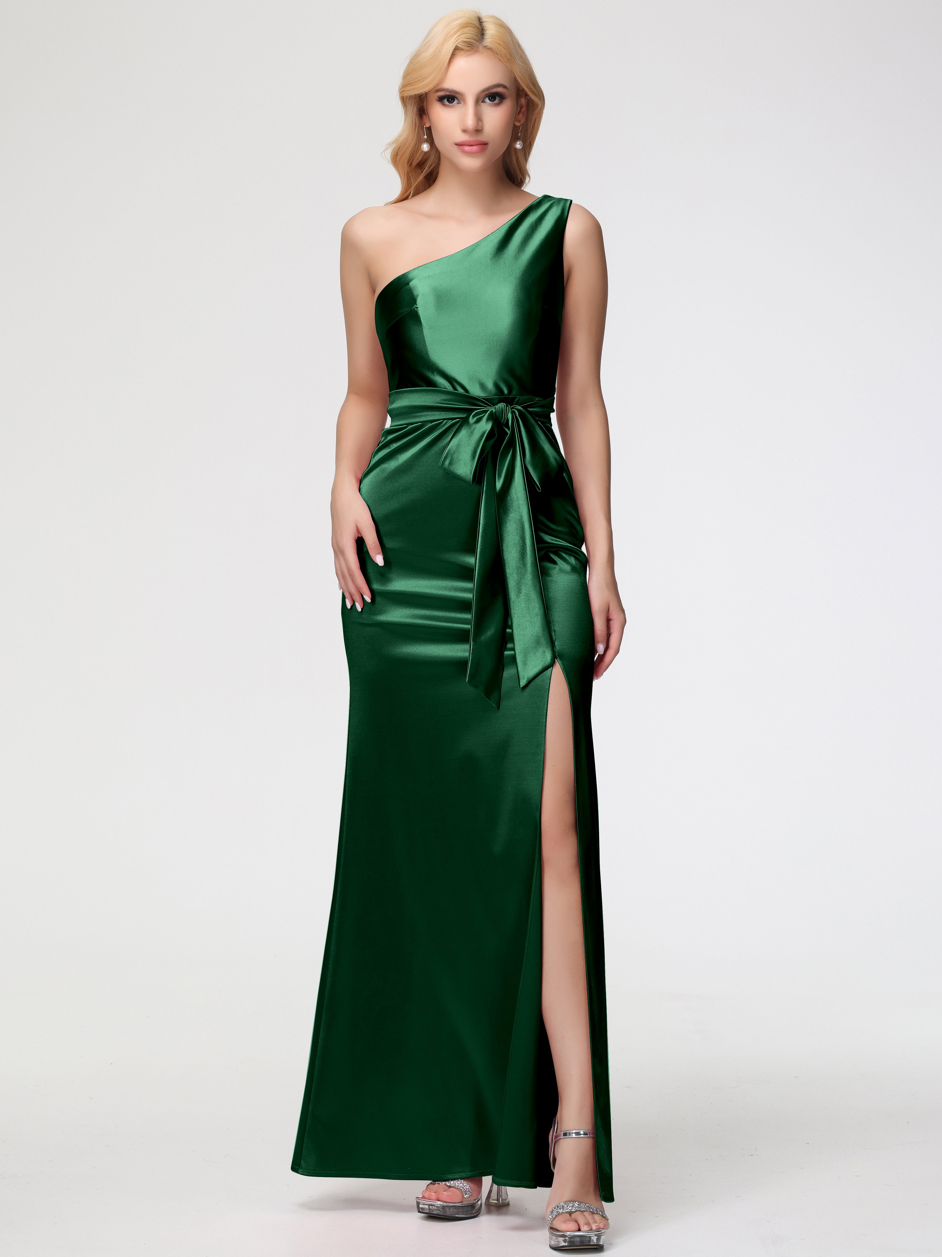 Dark Green Formal Dress One Shoulder Trumpet/Mermaid Sleeveless Pleats Stretch Satin Formal Dresses