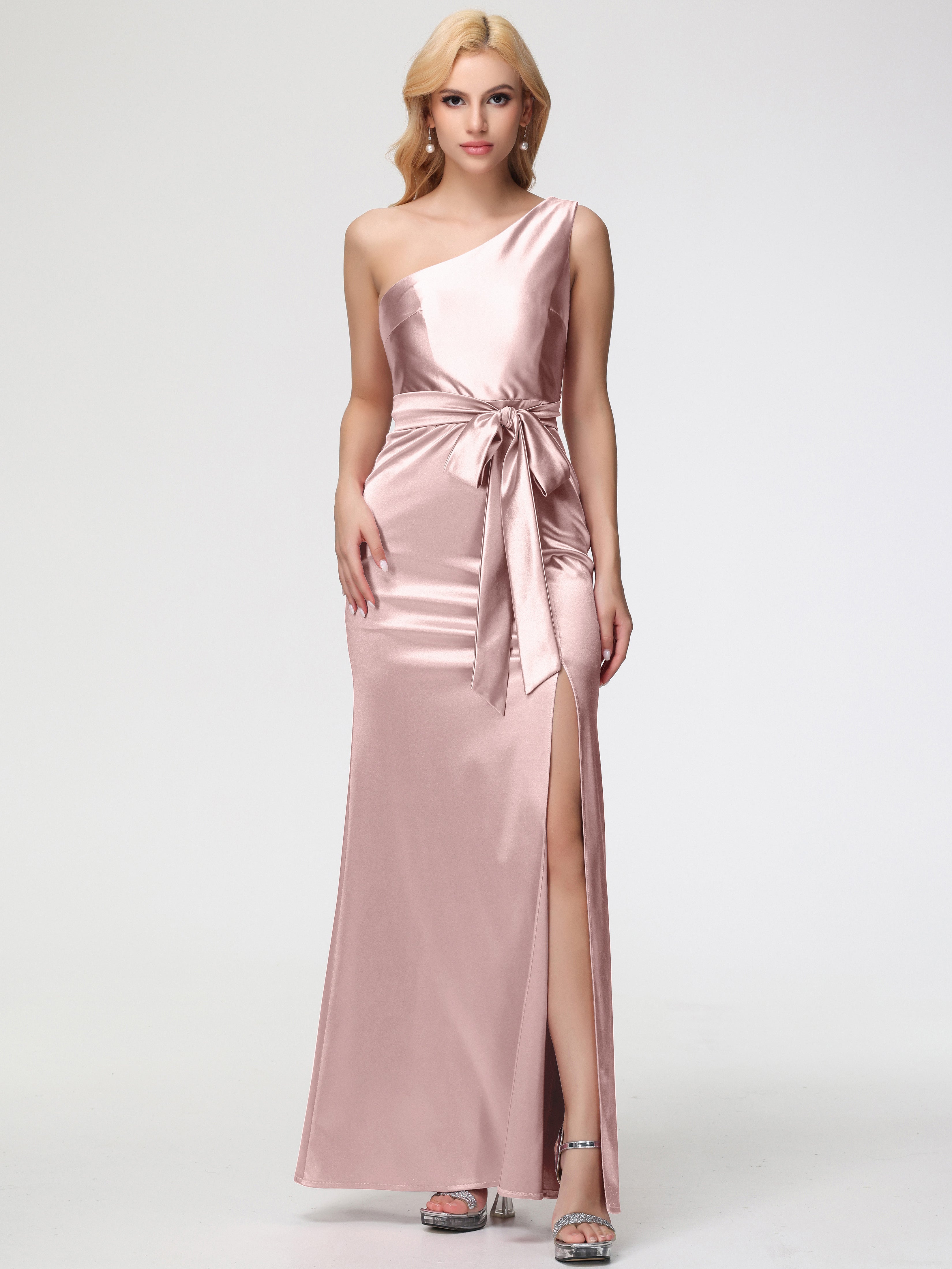 Dusty Rose Formal Dresses Satin One Shoulder Trumpet/Mermaid Sleeveless Pleats Stretch Satin Formal Dresses