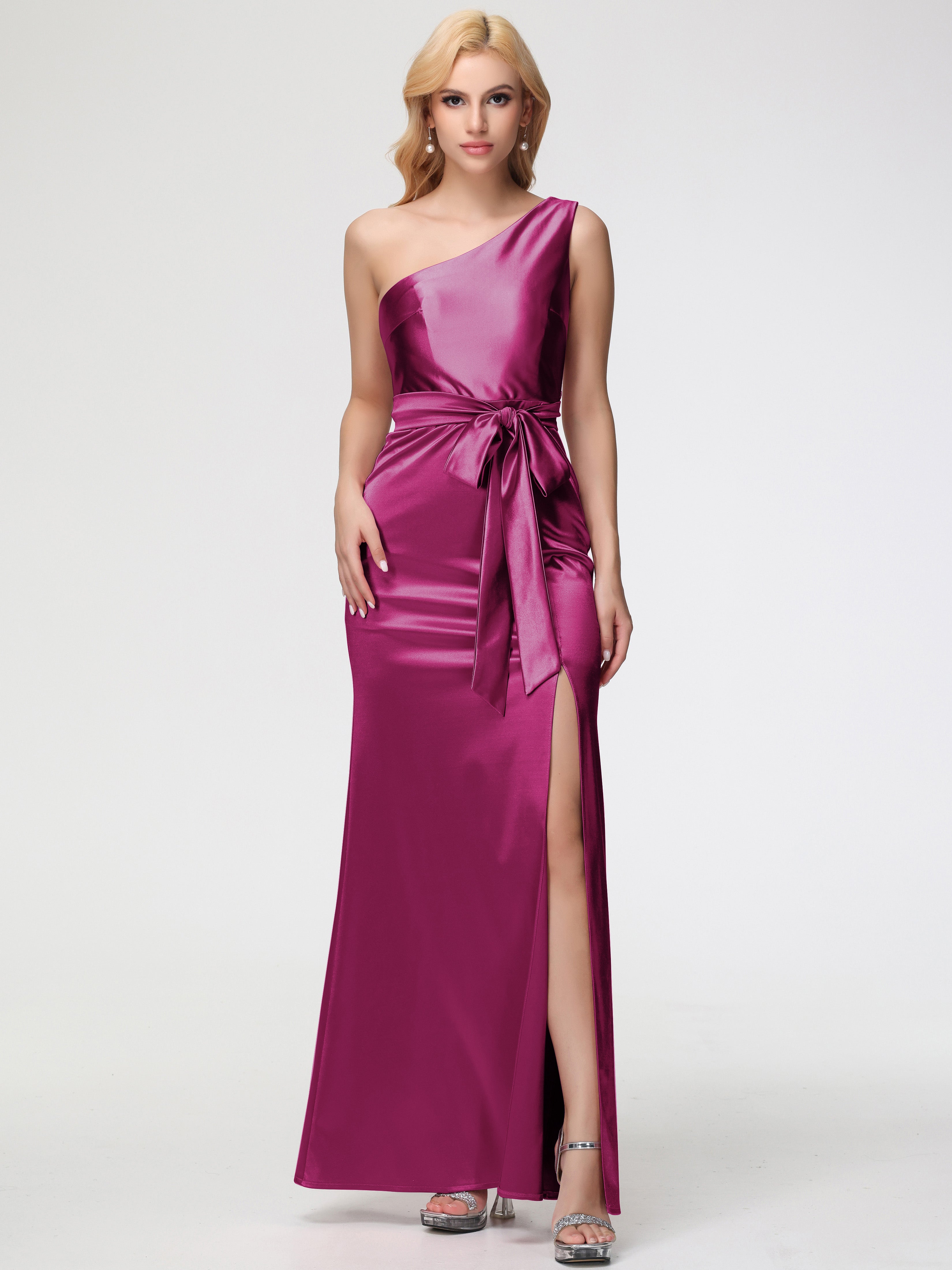 Formal Dresses In Fuchsia One Shoulder Trumpet/Mermaid Sleeveless Pleats Stretch Satin Formal Dresses
