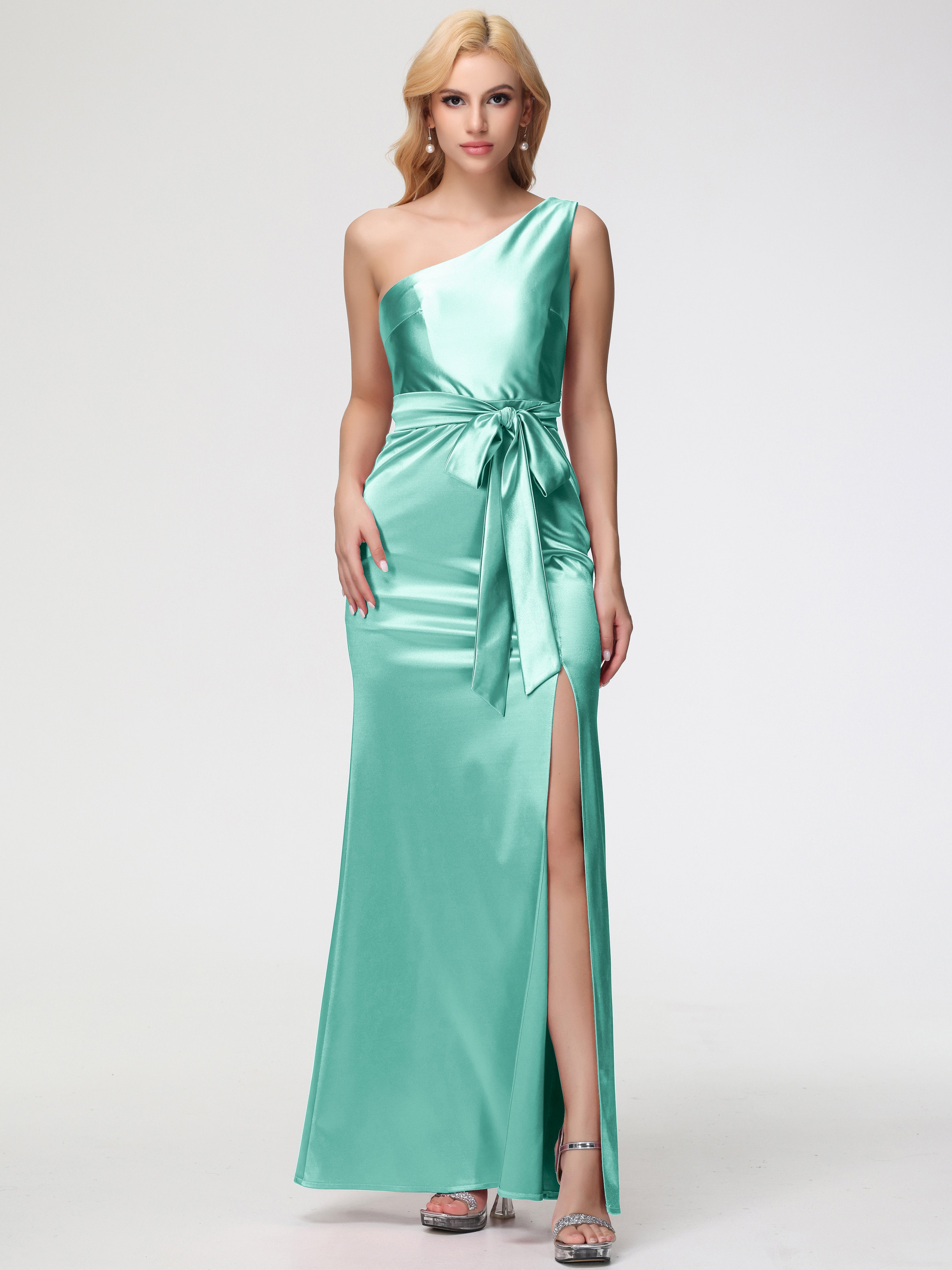 Prom Dress Mint Green Dress One Shoulder Trumpet/Mermaid Sleeveless Pleats Stretch Satin Prom Dresses
