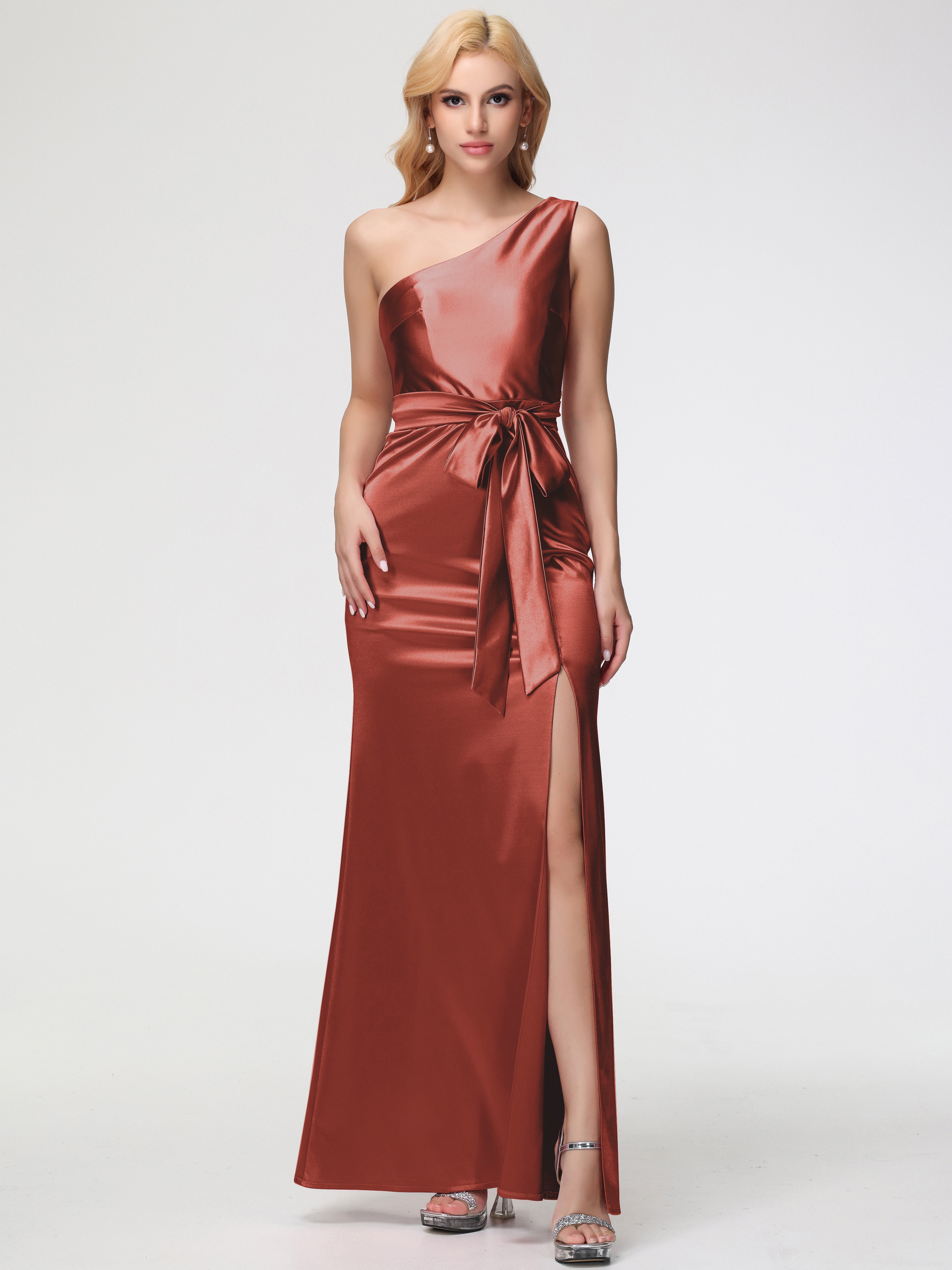 Rust Prom Dresses One Shoulder Trumpet/Mermaid Sleeveless Pleats Stretch Satin Prom Dresses