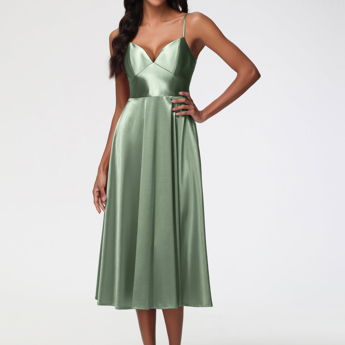 Bride And Chief Bridesmaid Azazie A-Line Square Neck Tea-Length Stretch  Satin Bridesmaid Dresses Olive