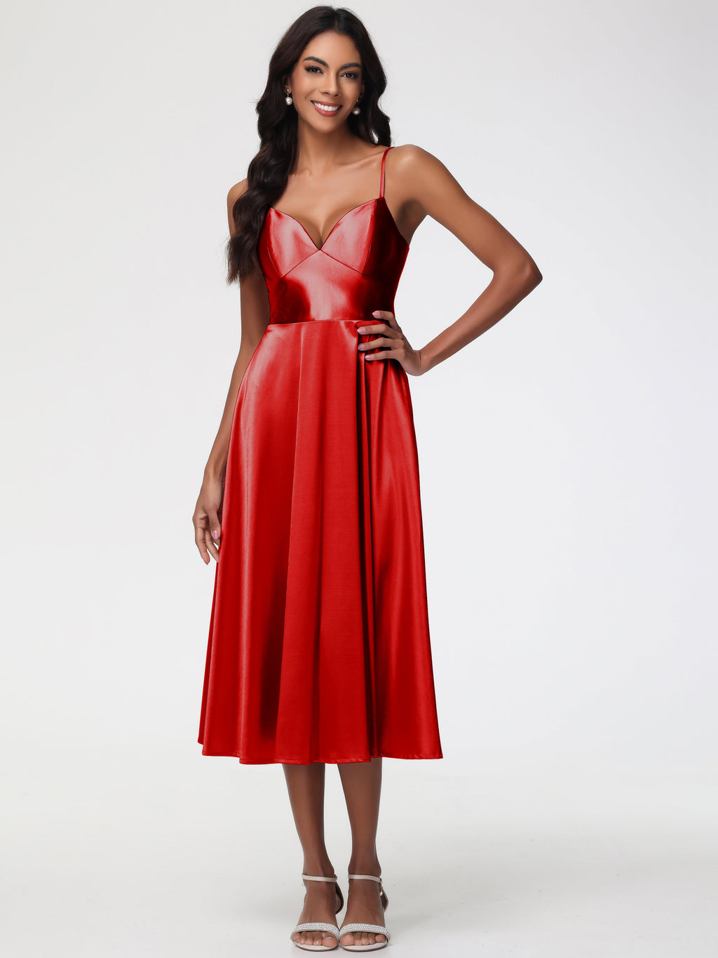 Red Prom Dresses Girls Stretch Satin Simple A Line Spaghetti Straps Te