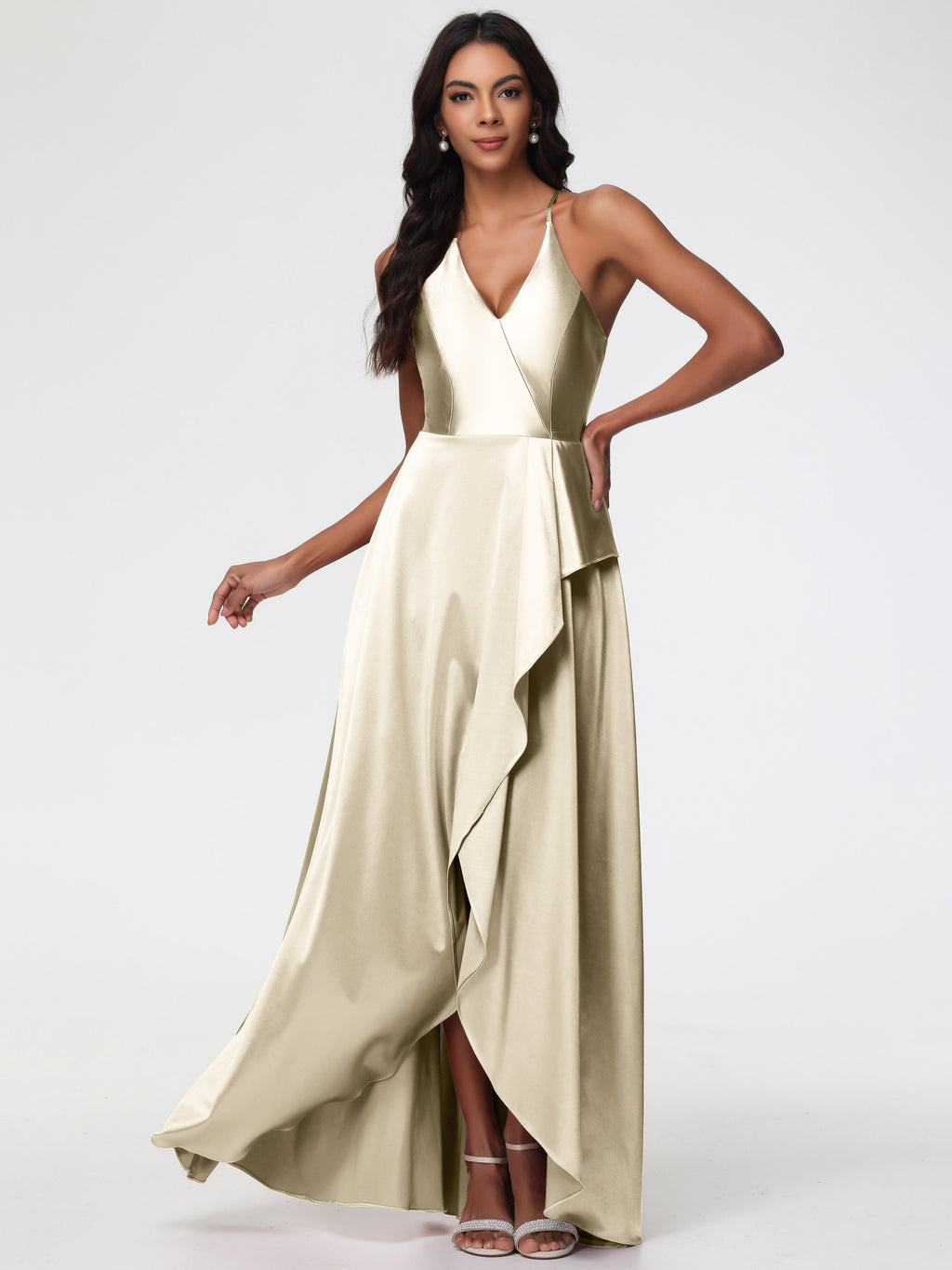 blue dress for baby girl Backless Champagne Halter long Bridesmaid Dress – FancyVestido