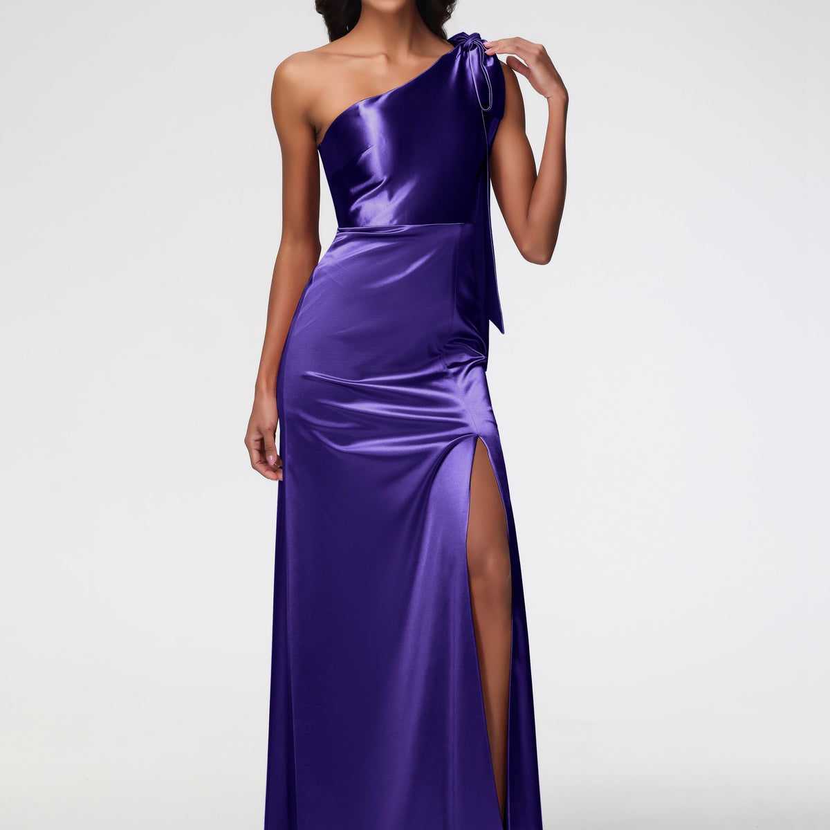 Regency Purple Bridesmaid Dresses Elegant One Shoulder Stretch Satin S