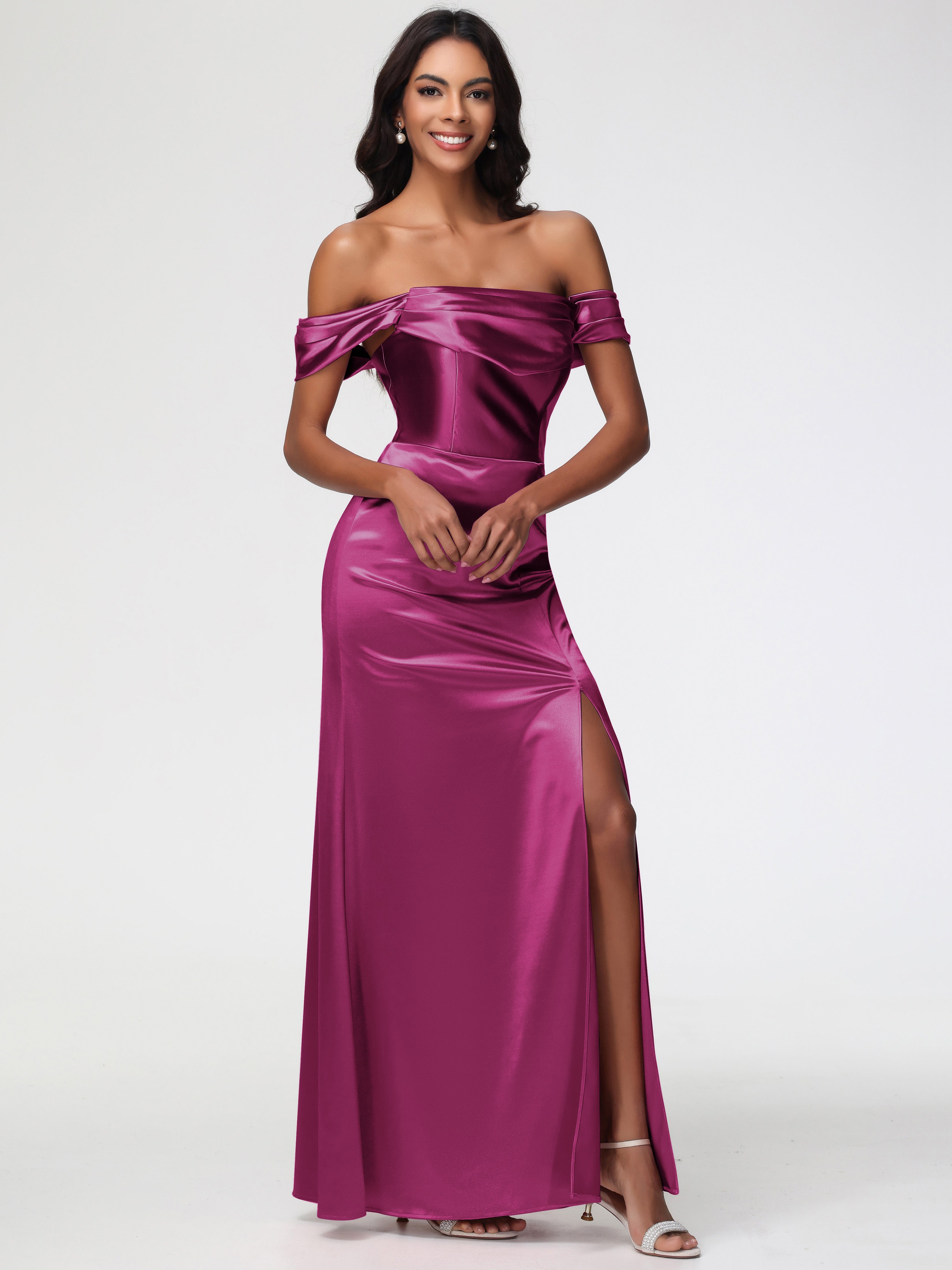 fuchsia off the shoulder dress Elegant dark fuchsia off-shoulder dress with side pleats and shimmering details
