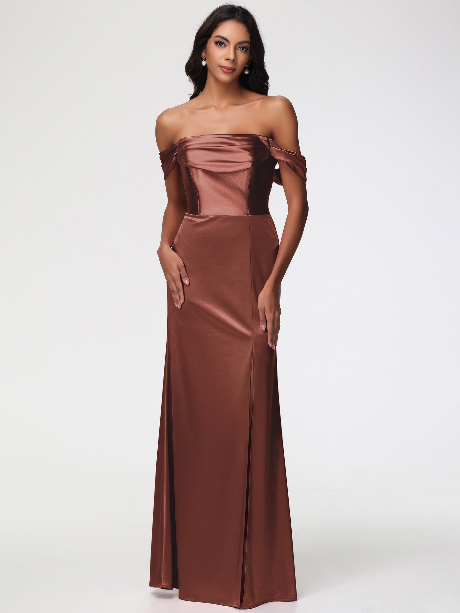 Satin Terracotta Bridesmaid Dresses Sheath/Column Off The Shoulder Min