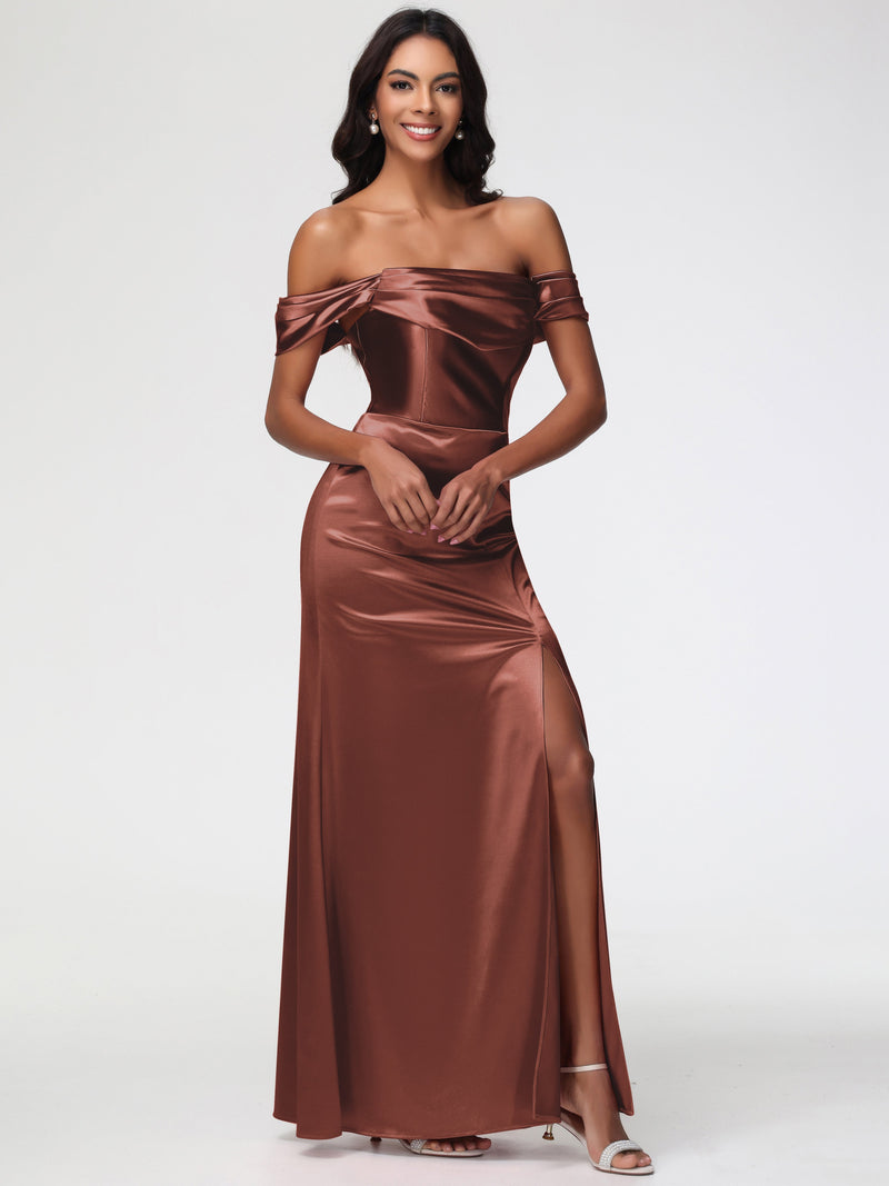 Bridesmaid Dresses Regency Purple Sheath/Column Off The Shoulder Minimalist Slit Stretch Satin Long Bridesmaid Dresses