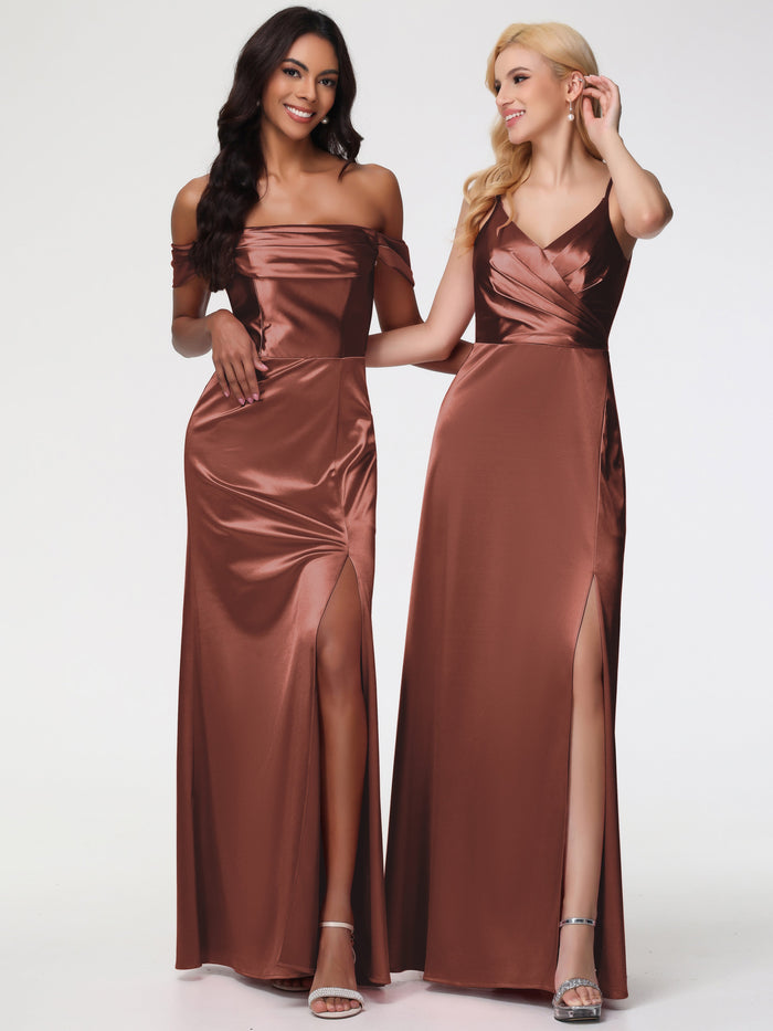 Terracotta Bridesmaids One Shoulder Minimalist Sheath/Column Stretch Satin Long Bridesmaid Dress