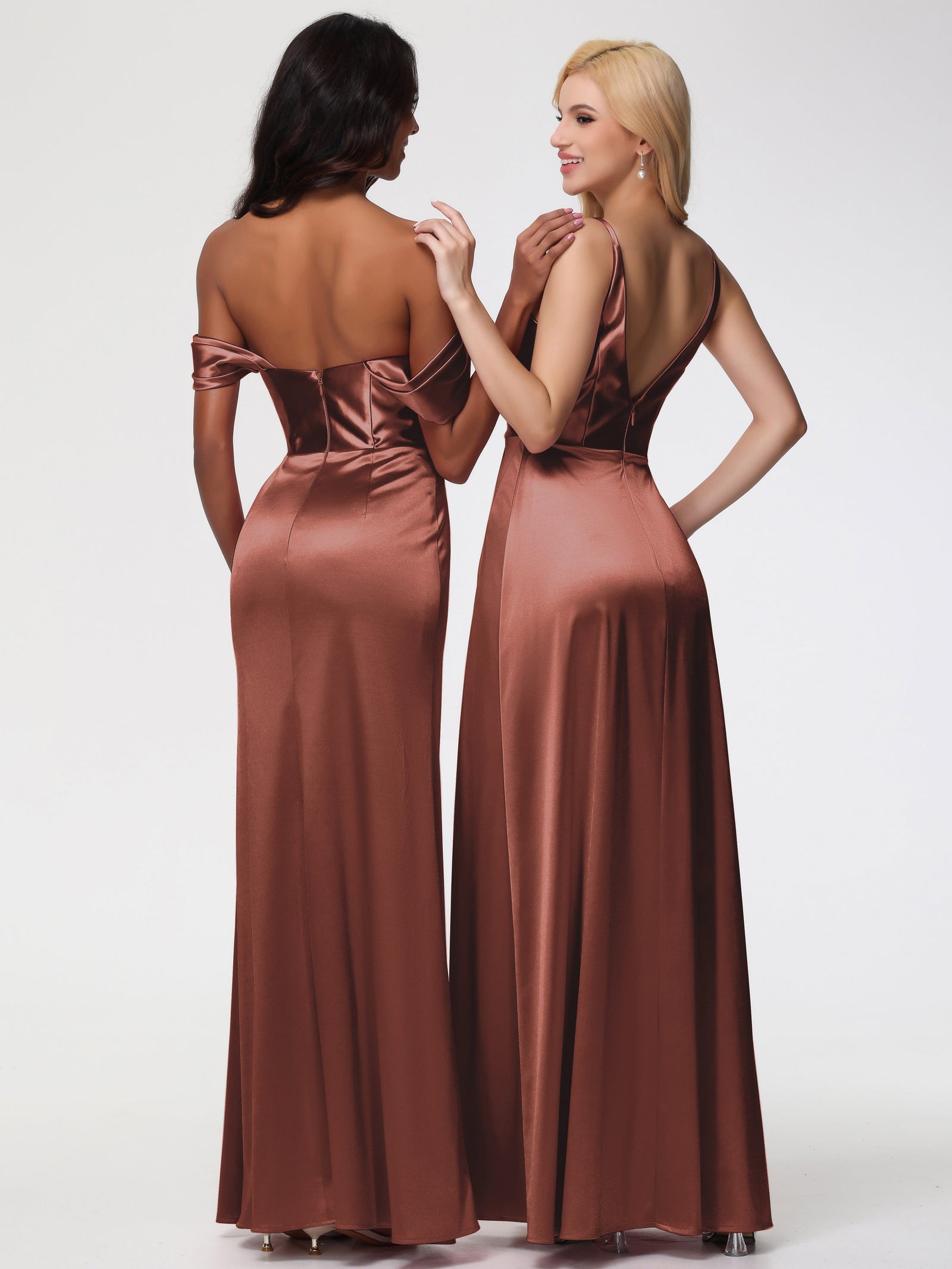 Dark Dusty Rose Bridesmaid Dresses Sheath/Column Off The Shoulder Minimalist Slit Stretch Satin Long Bridesmaid Dresses