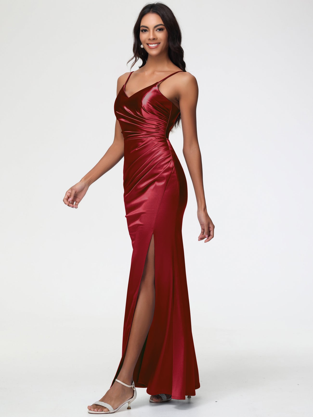 Satin Burgundy Bridesmaid Dresses Spaghetti Straps V-Neck Sleeveless P