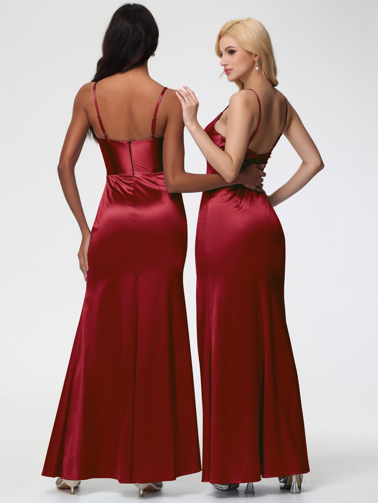 Satin Burgundy Bridesmaid Dresses Spaghetti Straps V-Neck Sleeveless P