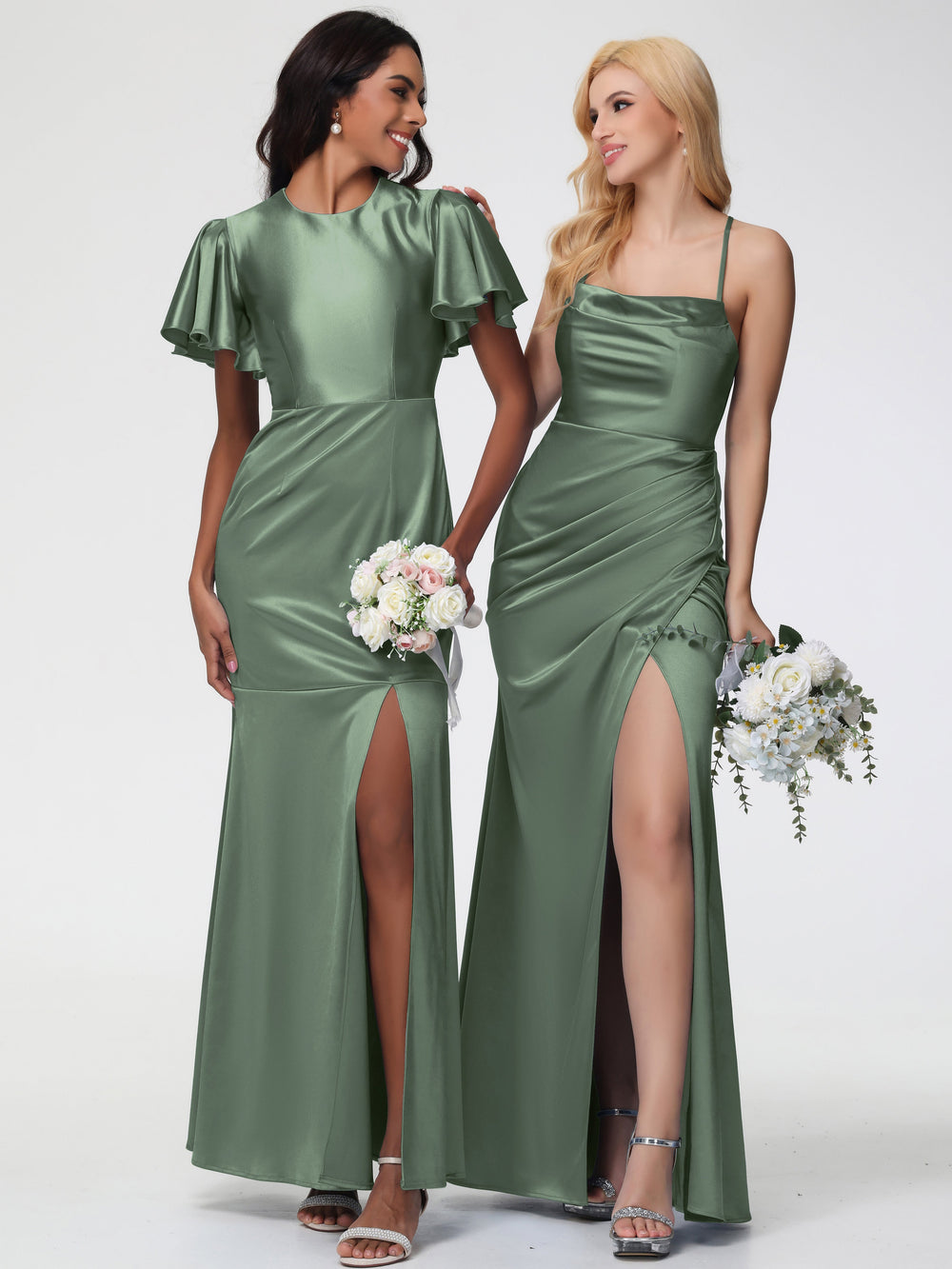 Bridesmaid Dress Mulberry V-Neck Sleeveless Spaghetti Straps Trumpet/Mermaid Split Stretch Satin Bridesmaid Dresses