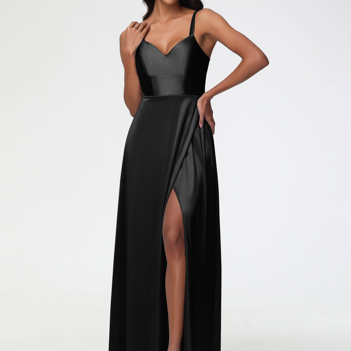 Black Bridesmaid Dresses A-Line V-Neck Straps Long Stretch Satin Bride