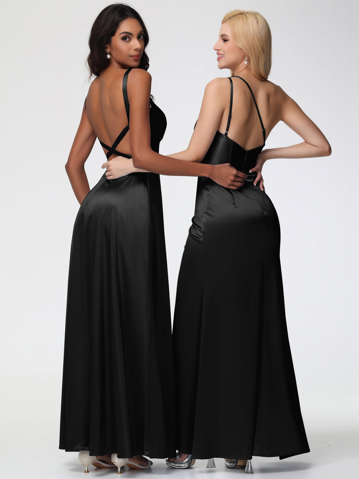 Black Bridesmaid Dresses A-Line V-Neck Straps Long Stretch Satin Bride