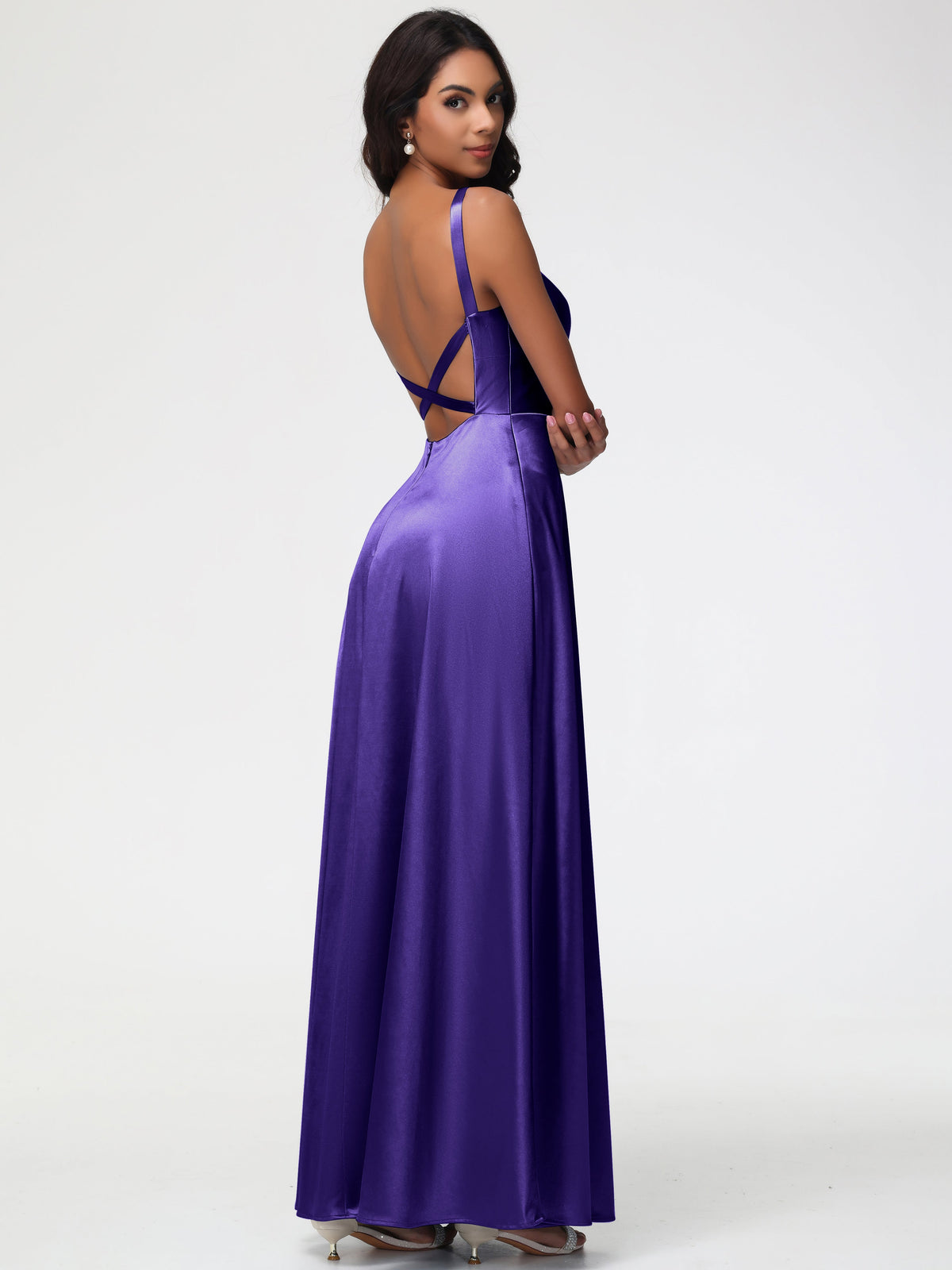 Burgundy Satin Bridesmaid Dresses A-Line V-Neck Straps Long Stretch Satin Bridesmaid Dresses With Split