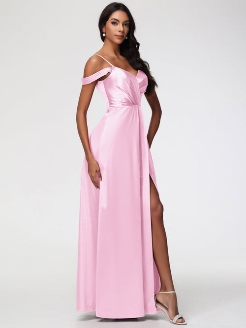 Formal Dresses Dusty Rose A-Line V-Neck Off The Shoulder Long Stretch Satin Formal Dresses With Split