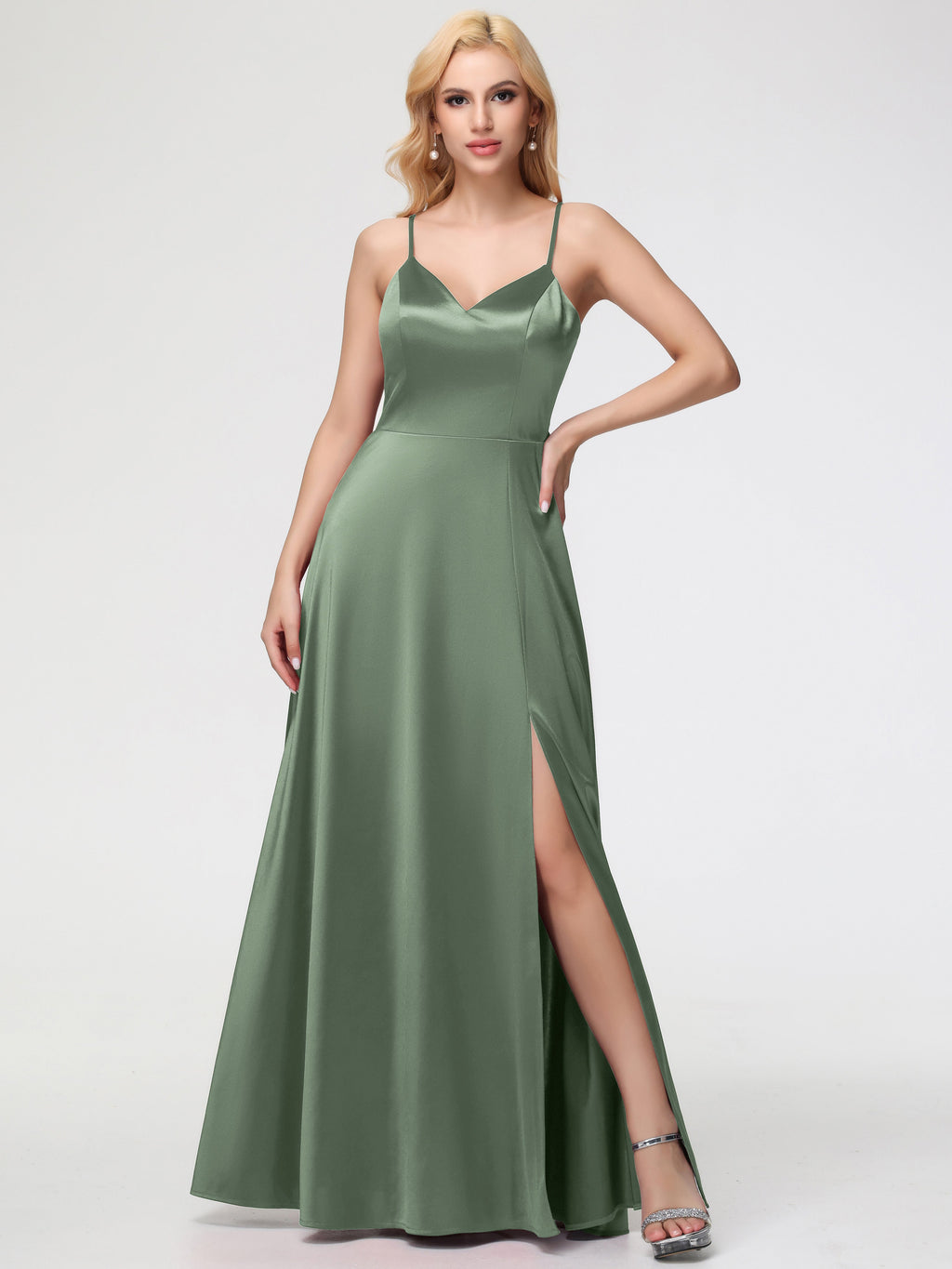 Dusty Sage Bridesmaid Dresses A-Line V-Neck Spaghetti Straps Sleeveles