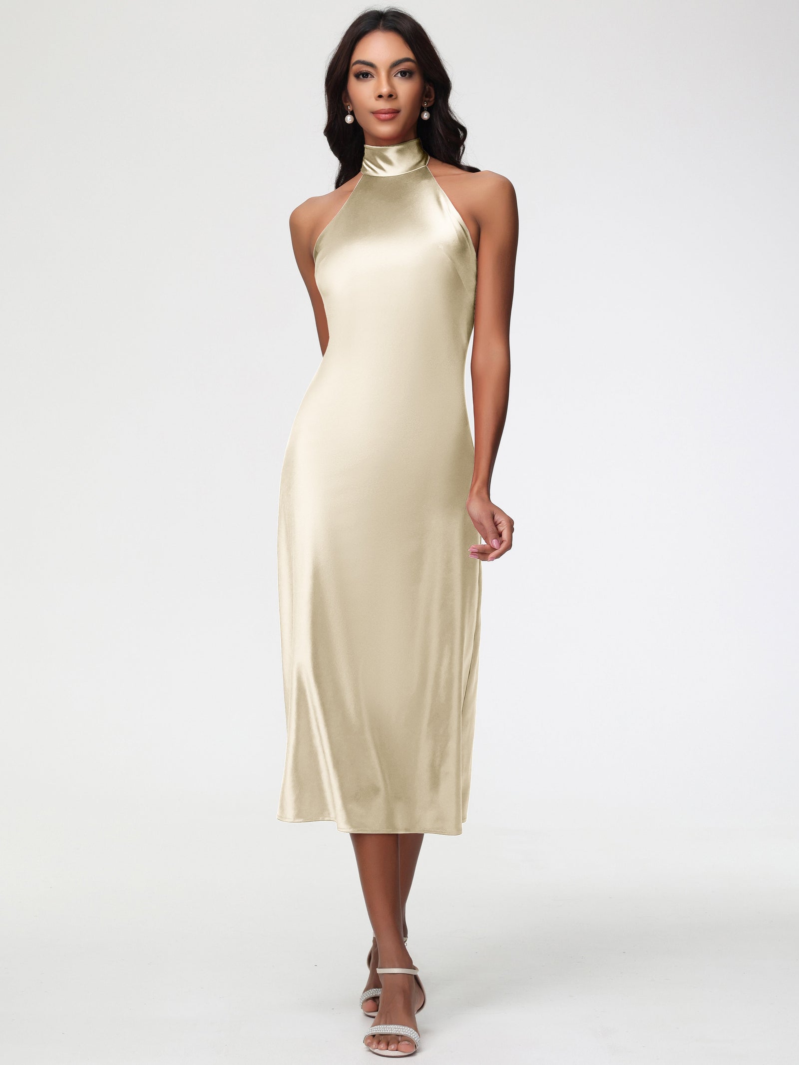 Champagne Sleeveless A-Line Crystal Jewel Bridesmaid Dresses Floor Length Party Dress