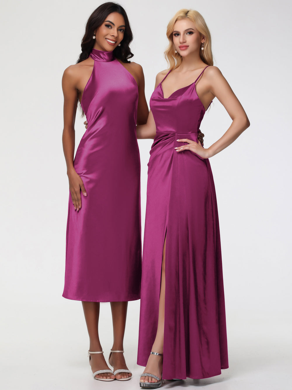 Bridesmaid Dresses Fuchsia Tea-Length High Neck Sleeveless Stretch Sat